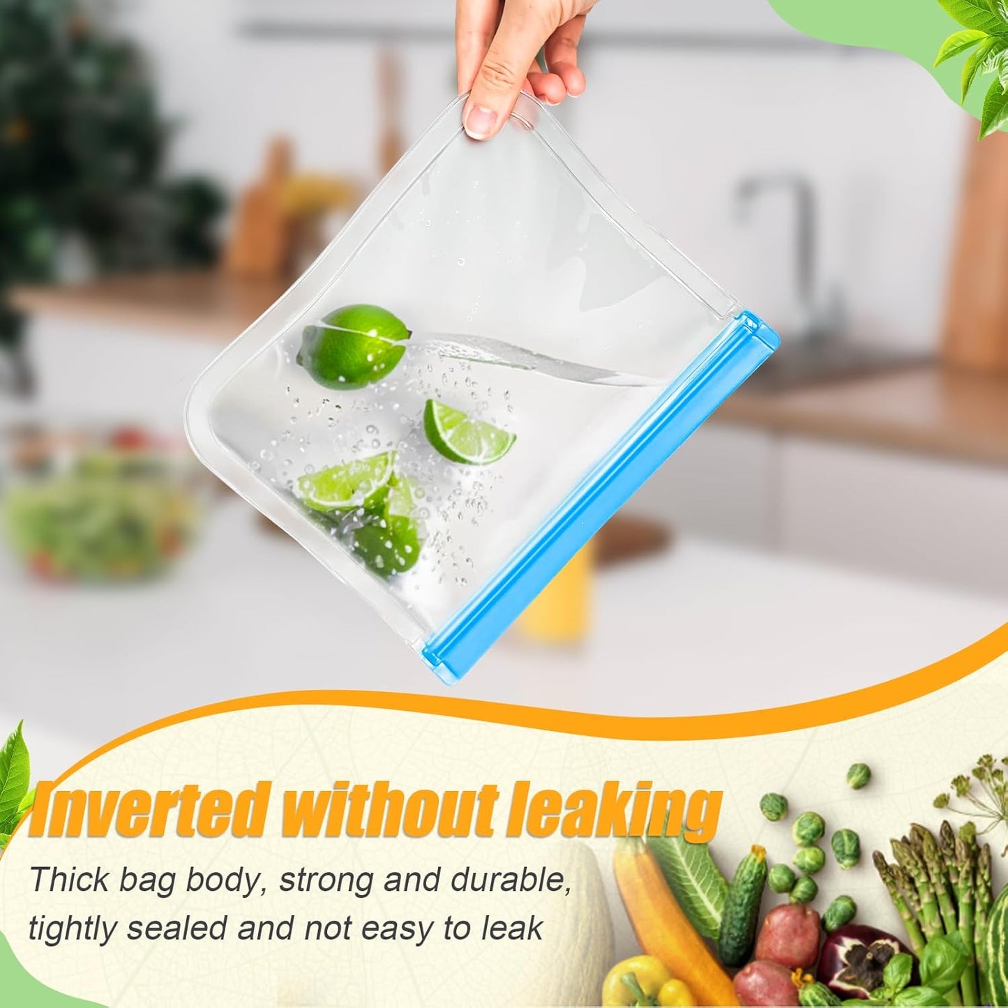 10 Pack Reusable Storage Bags, Dishwasher Safe Reusable Food Storage Bags, Silicone Leak proof Freezer Bag for Lunch, Sandwich, Snack, Marinate Meat, Salad Fruit