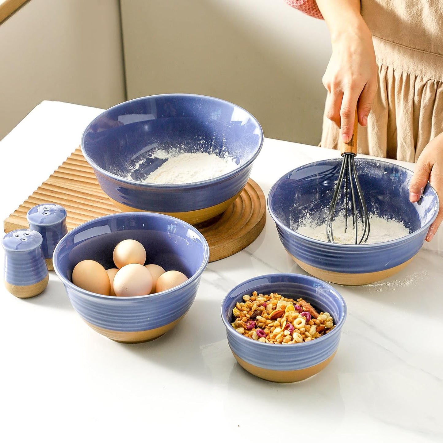 Hasense Porcelain Mixing Bowls Set, Large Serving Dishes for Entertaining, 2.1/1.5/1.0/0.5 Qt Nesting Serving Bowls for Cooking Salad Baking Popcorn, Dishwasher Microwave Safe, Set of 4, Purple