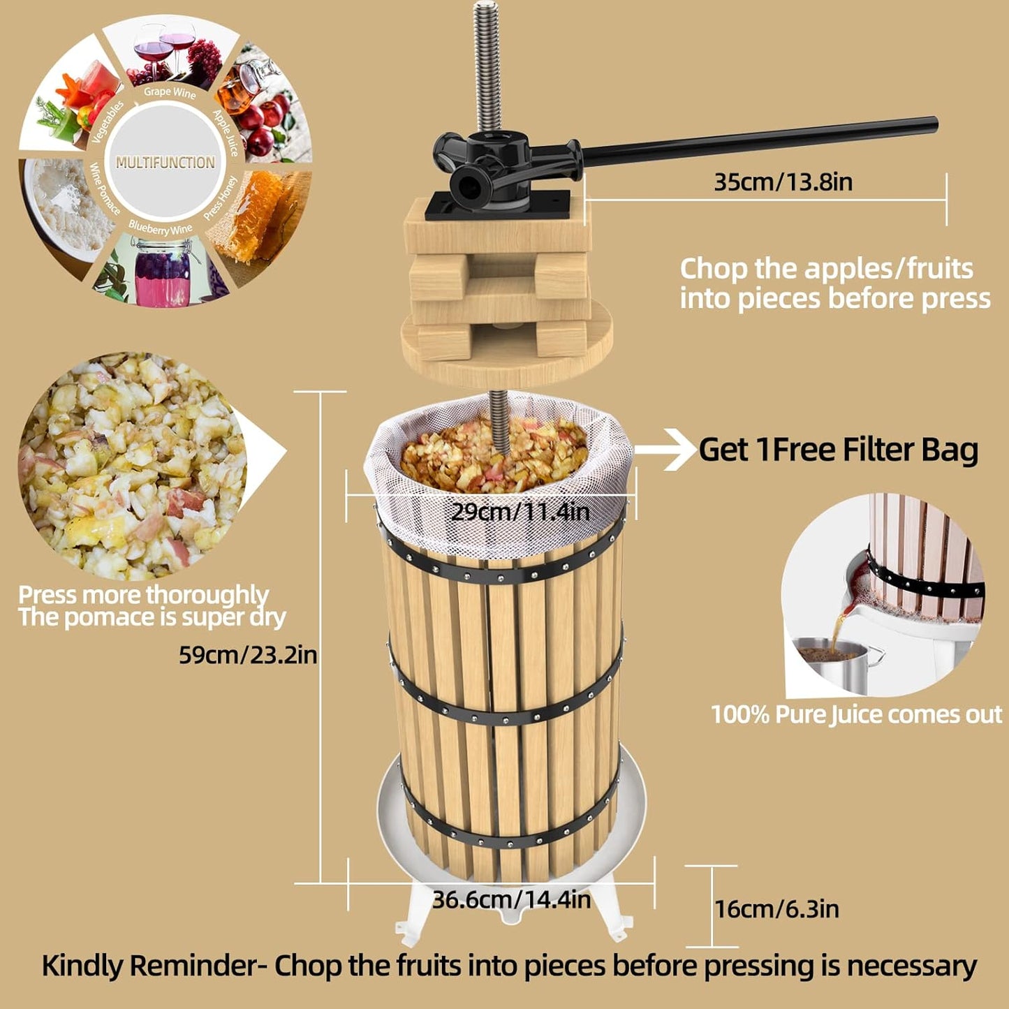 SQUEEZE master Fruit Press-7.9 Gallon/30L-Solid Wood Basket Wine Press-Vintage traditional juicer-6 Press Wooden Blocks-Pole Handle Bar for Juice,Wine,Cider-1 free filter bag included