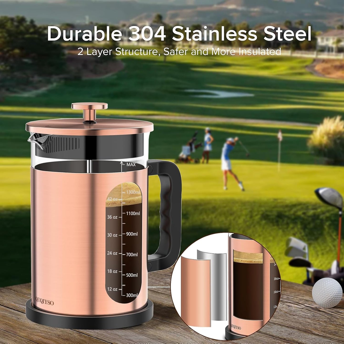 QUQIYSO French Press Coffee Maker 51oz 304 Stainless Steel French Press with 4 Filter, Borosilicate Glass Coffee Press