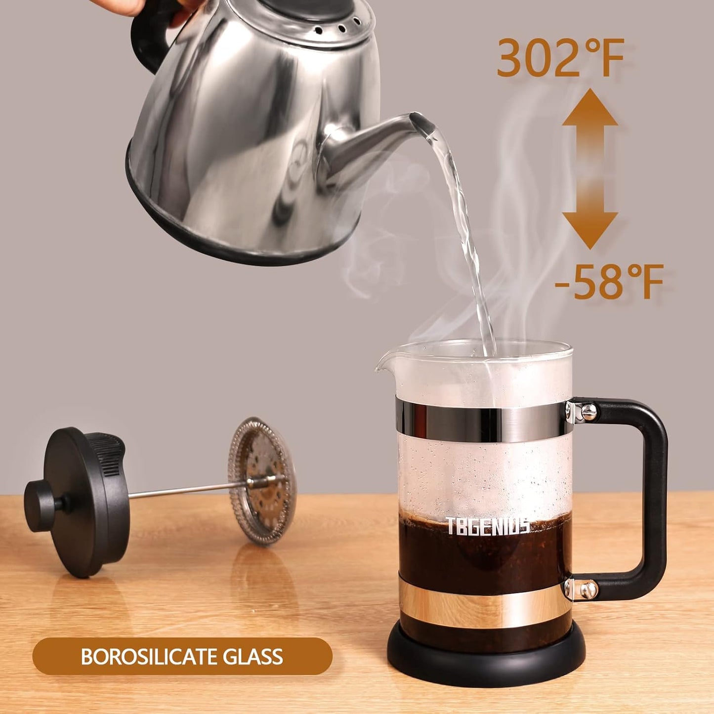French Press Coffee Maker 21 oz, Cold Brew Heat Resistant Thickened Borosilicate Coffee Pot, Coffee Presses 600 ml, Tea and Frothed Milk Press (Black，21Ounce)