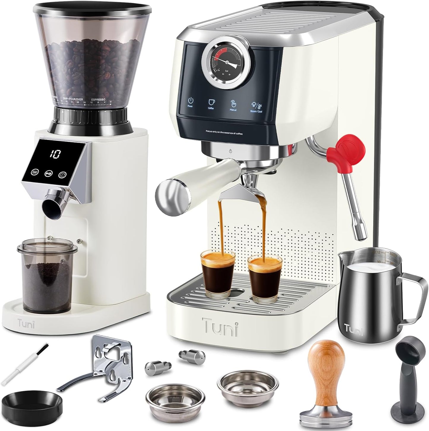 Tuni E2 58mm Espresso Machine and G1 Ivory Conical Burr Coffee Grinder Combo, 20Bar Dual Boiler Coffee Maker with 10mm Steam Milk Frother, 48 Grind Settings Anti-static Burr Mill