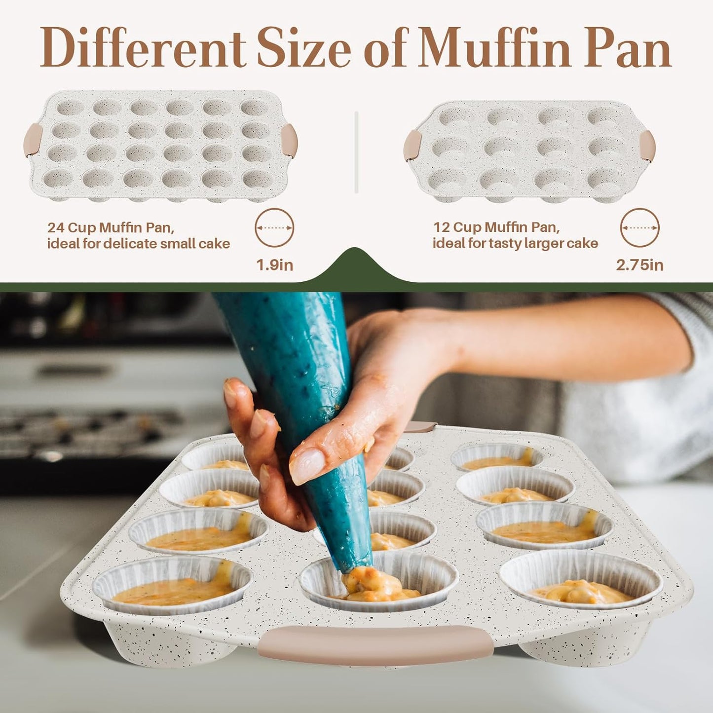 10-Piece Baking Pans Set Nonstick, Stackable Bakeware, Toxin-Free Baking Pans Set with Silicone Handles, Includes Cookie Sheets, Cake Pan, Loaf Pan, Pizza Pan, Muffin Pan, White&Khaki