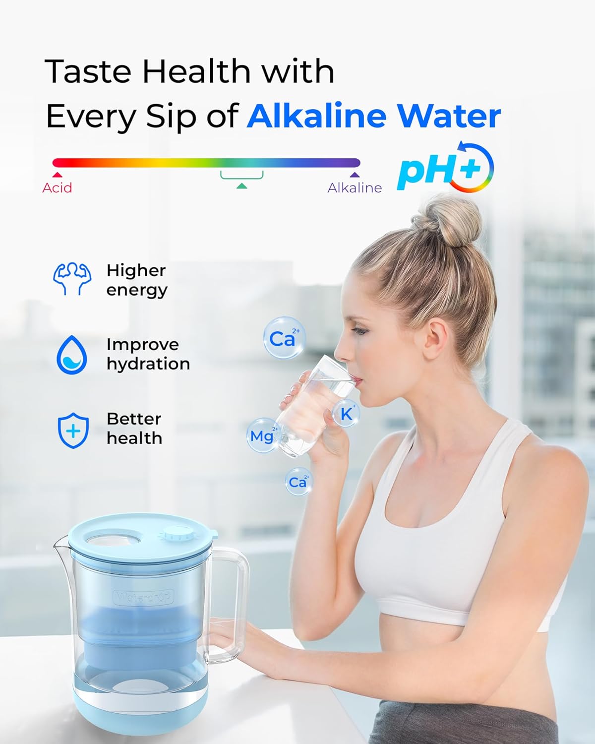 Waterdrop Glass Alkaline Water Filter Pitcher with 1 Filter, Enhances Alkaline Water, Eco-Friendly, 7-Cup, for Home and Office, Reduces PFOA/PFOS, Chlorine, Cadmium, Copper, Mercury, Blue