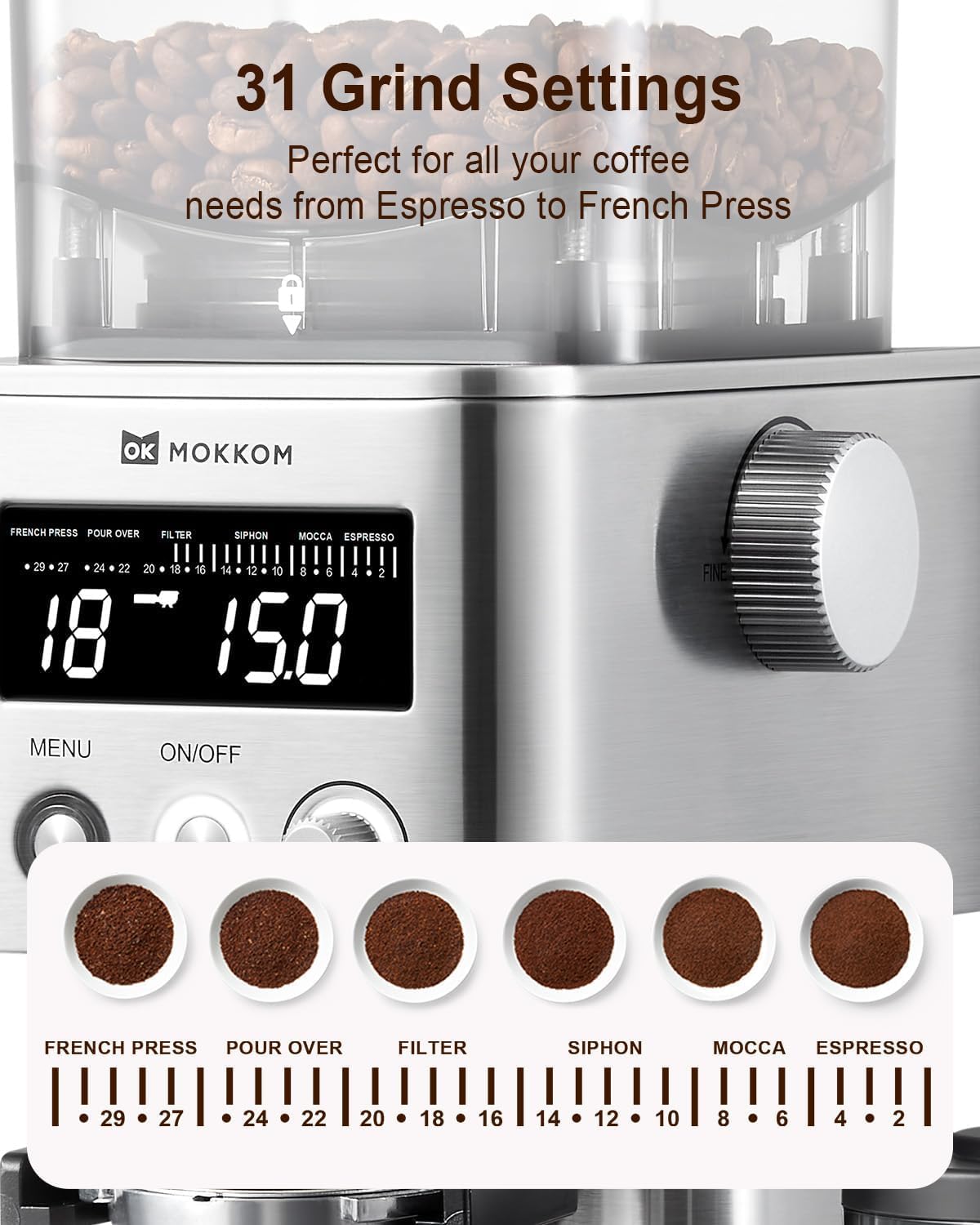 MOKKOM Coffee Grinder with 31 Precise Settings, Anti-Static, Quiet Conical Burr Coffee Bean Grinder for Home Use, Stainless Steel, 30 Seconds Timer & 1-8 Cup, LCD Display, Easy to Clean