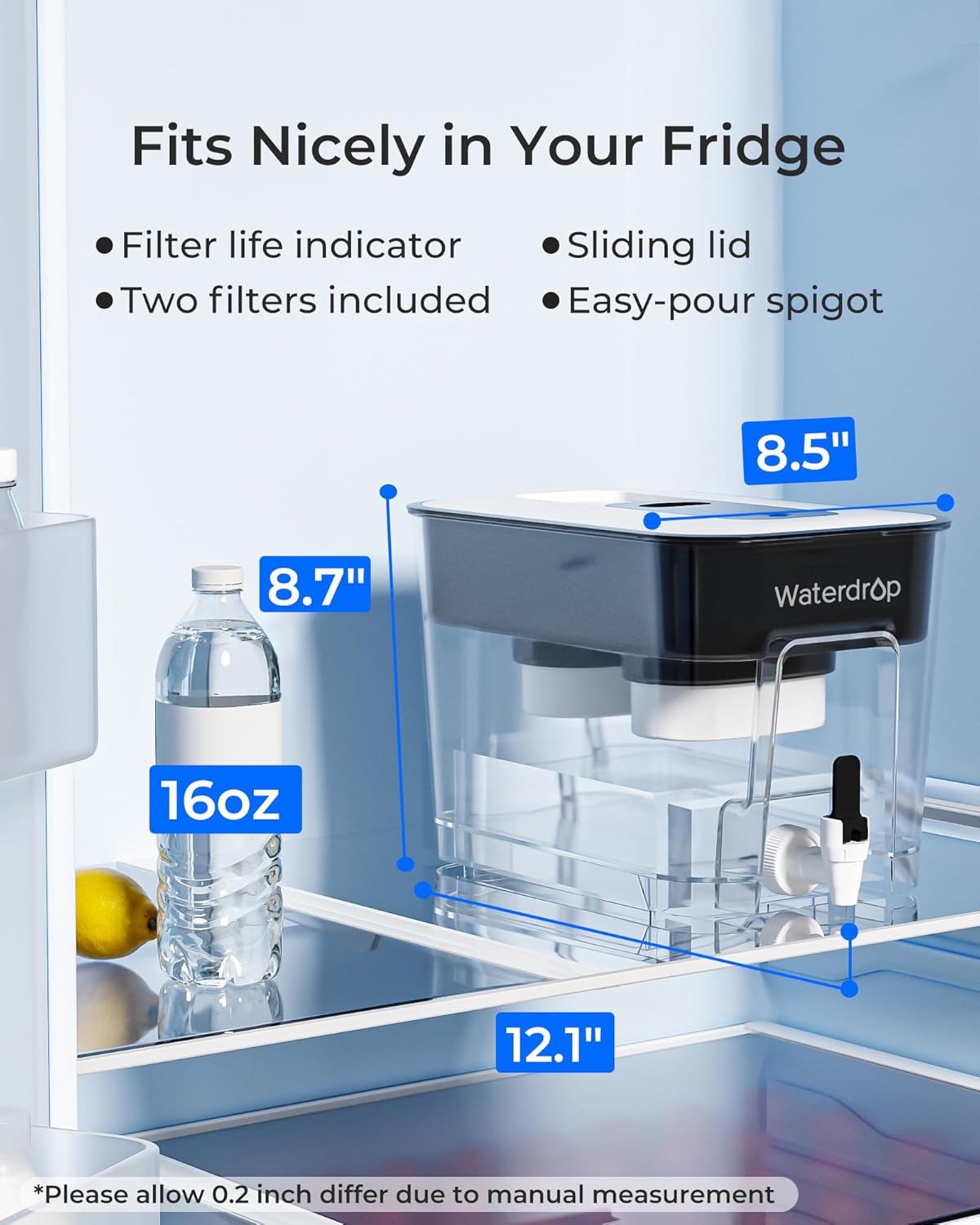 Waterdrop 40 Cup Dual Filter Dispenser, 8X Faster Filtration, 400-Gallon Lifespan, Water Filter Dispenser for Home/Office, 2 Replacements, 10X Longer Lifetime, Reduces Chlorine, PFOA/PFOS, Black