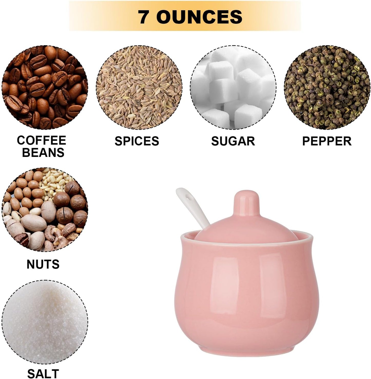 Ceramic Sugar Bowl with Lid and Spoon, Pink Porcelain Sugar Salt Pepper Storage Jar, 8 Ounces