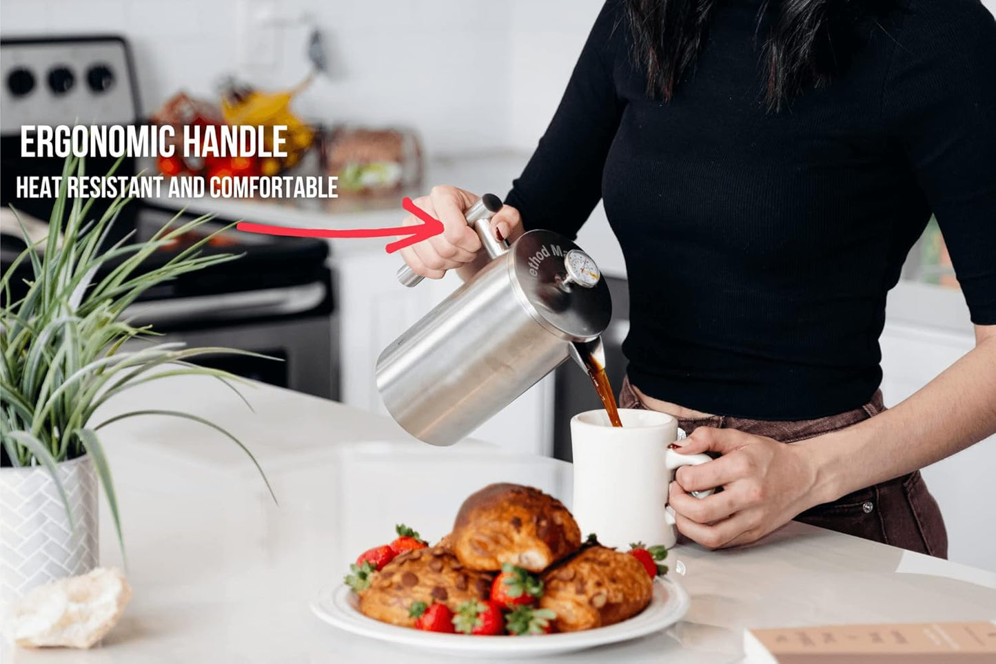 Barista Warrior French Press with Thermometer - Insulated Coffee Press - Stainless Steel Coffee Maker (1.0L | 34 fl oz) (White)