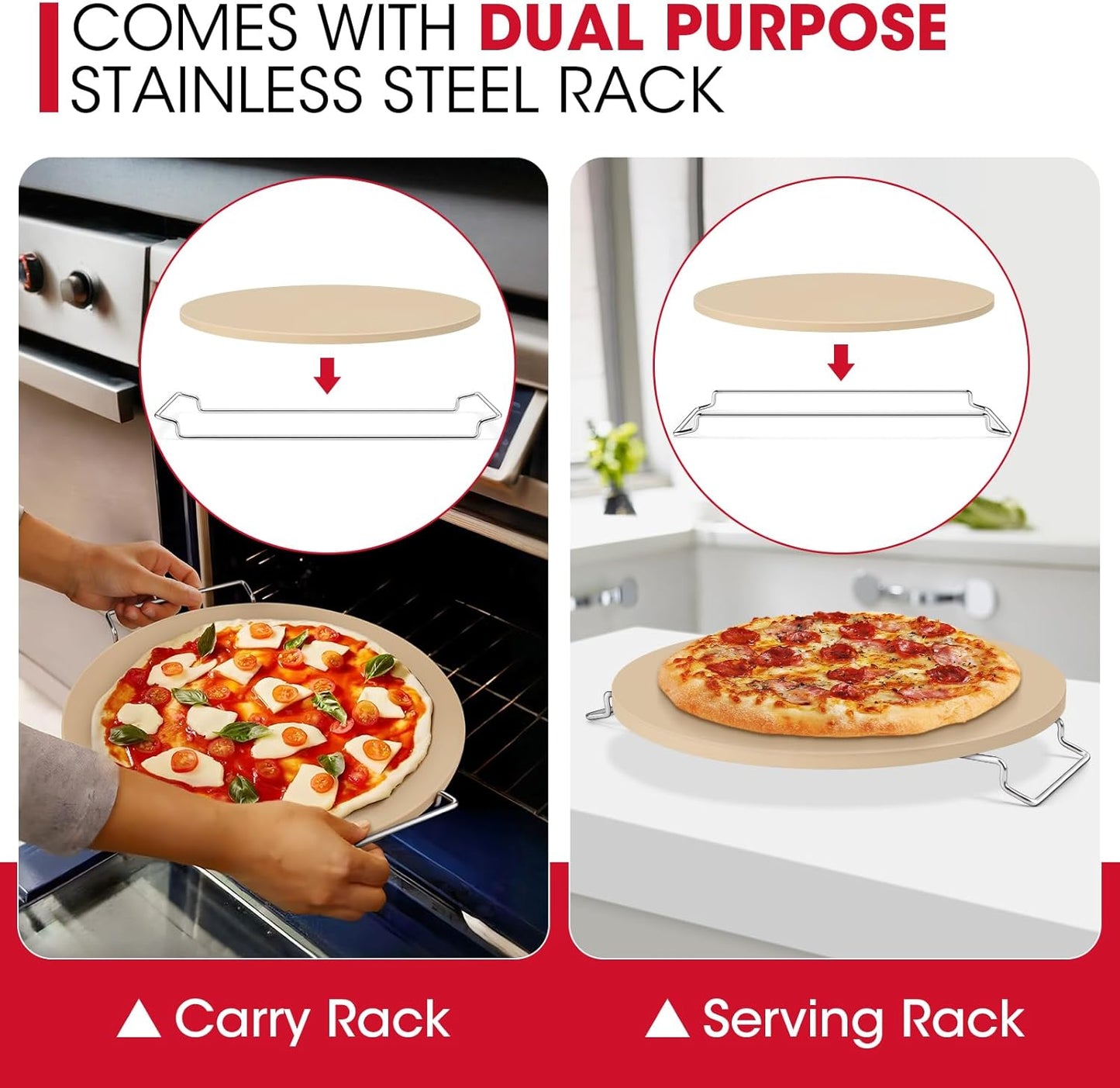 Unicook 15 Inch Round Pizza Stone for Oven and Grill, Oven Baking Stone for Bread, Cordierite Pizza Pan for Baking Crispy Bread, Pie and Cookies, Includes Carry Rack and Dough Scraper