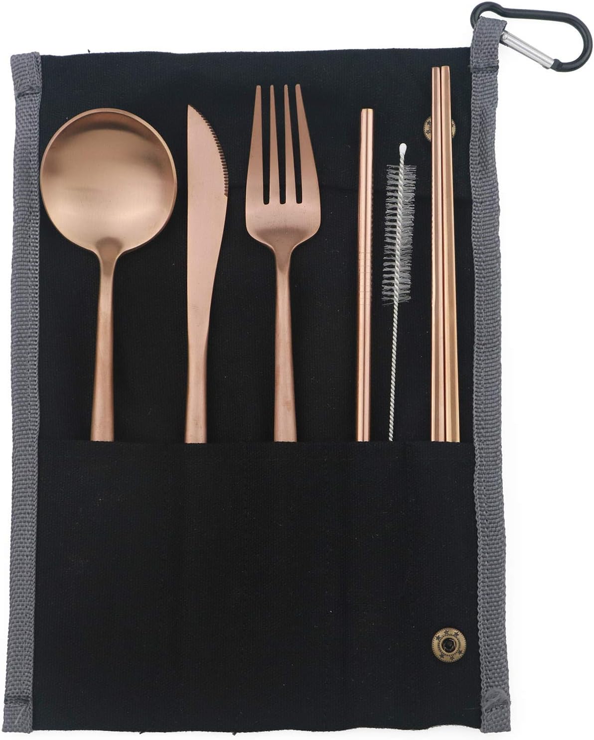 Portable 6 Pieces Flatware Set, 304 Stainless Steel Knife, Fork, Spoon, Chopsticks, Metal Straw, Cleaning Brush, Durable Travel Cutlery Set, Black Pouch Bag, Rose Gold