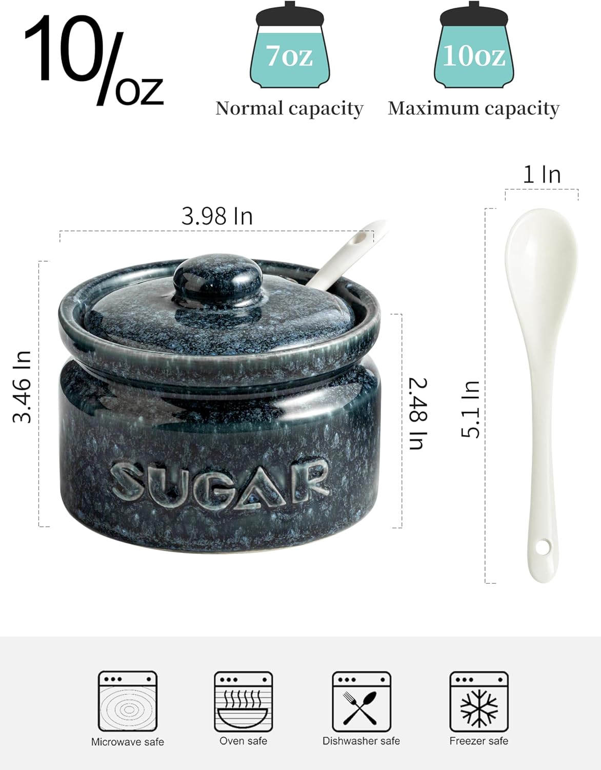 Gomakren Sugar Bowl with Lid and Spoon, Sugar Container Sugar Dish 10oz, Ceramic Sugar Jar for Coffee Bar, Kitchen, Countertop - Modern Farmhouse Kitchen Christmas Decor, Blue