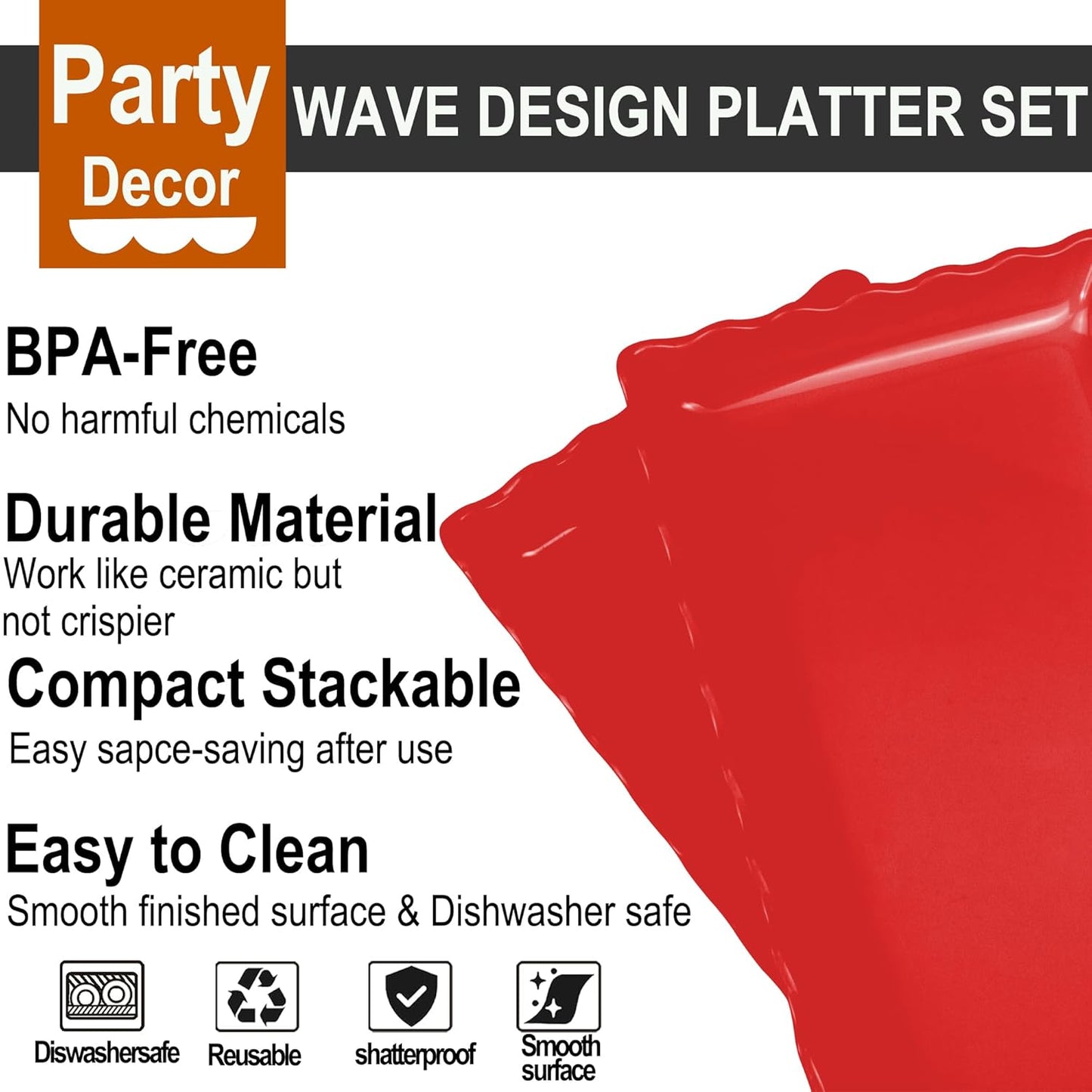 KAQAHIDO 17" x 8" x 1.5" Red Serving Tray Set, Wave Edge Melamine Platters for Cookie, Appetizer, Charcuterie, Snack, Dessert, Party Food Display, Stackable, Set of 2