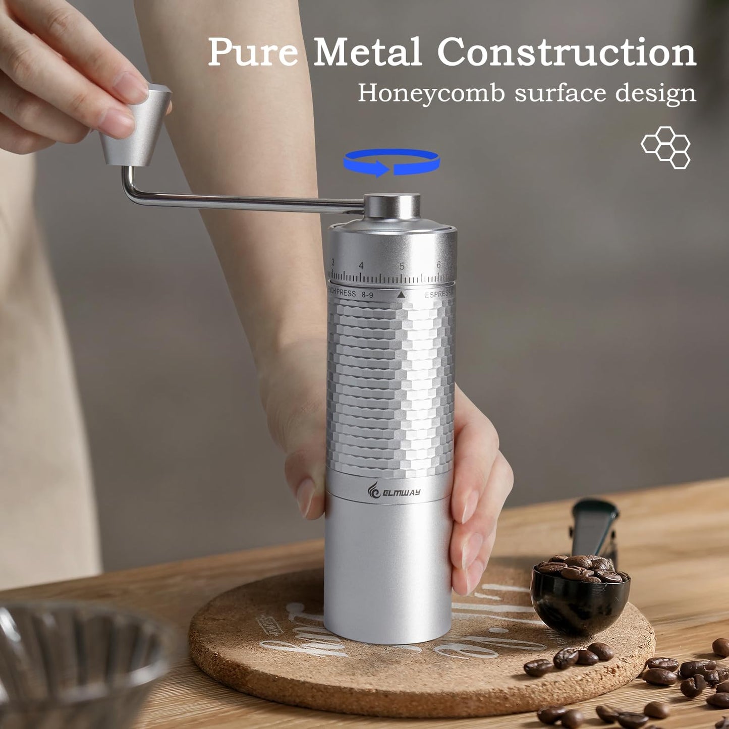 Manual Coffee Grinder, Hand Coffee Grinder, Capacity 25g with Seven star titanium plated 440 Stainless Steel Conical Burr Portable Coffee Grinders for Home Use, Office, Travel（AVOID grind 0-3 range）