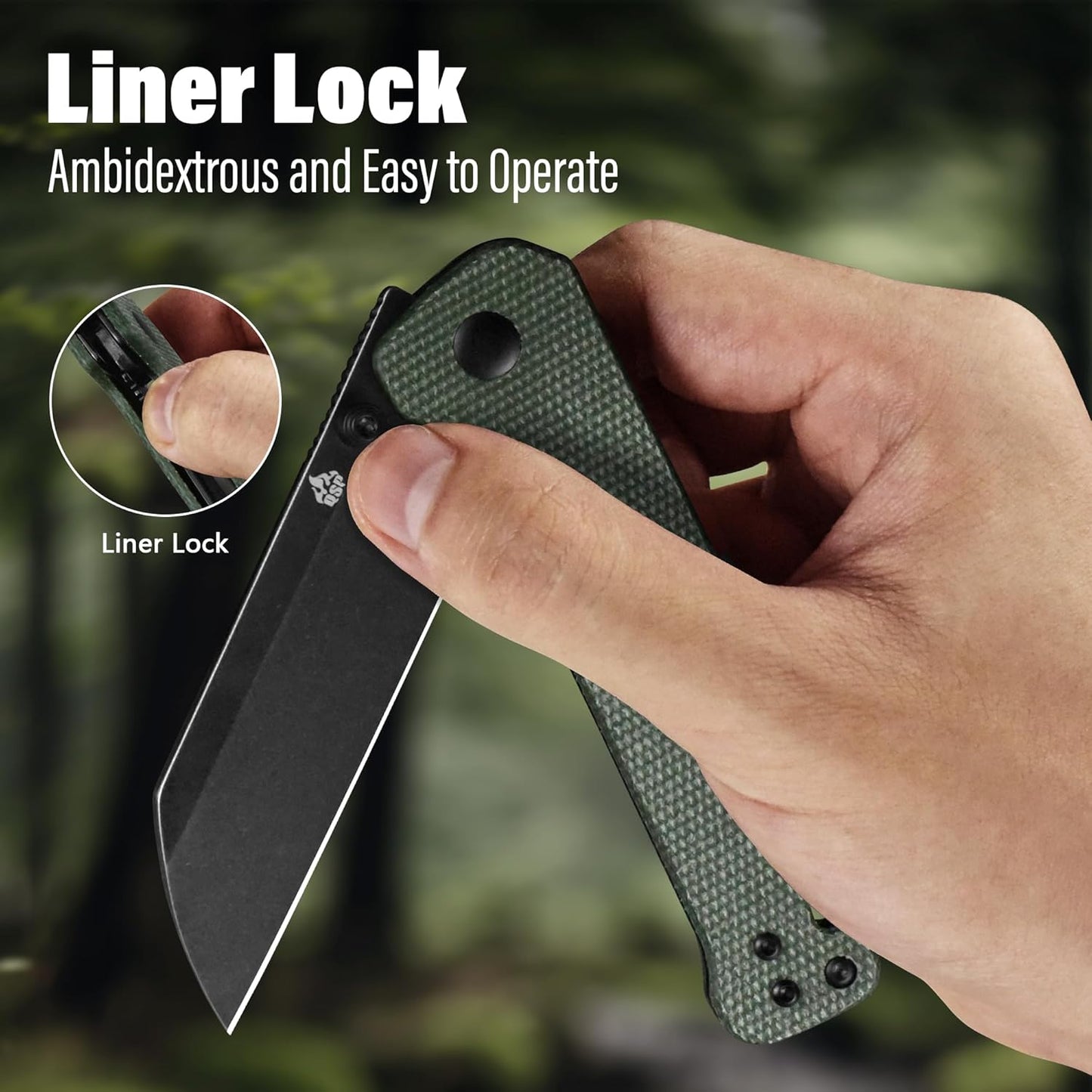 QSP Penguin V2 Folding Pocket Knife, 3.06" D2 Black Stonewash Blade EDC Knife, Green Micarta Handle, Liner Lock, Ceramic Ball Bearings, Reversible SS Deep Carry Clip