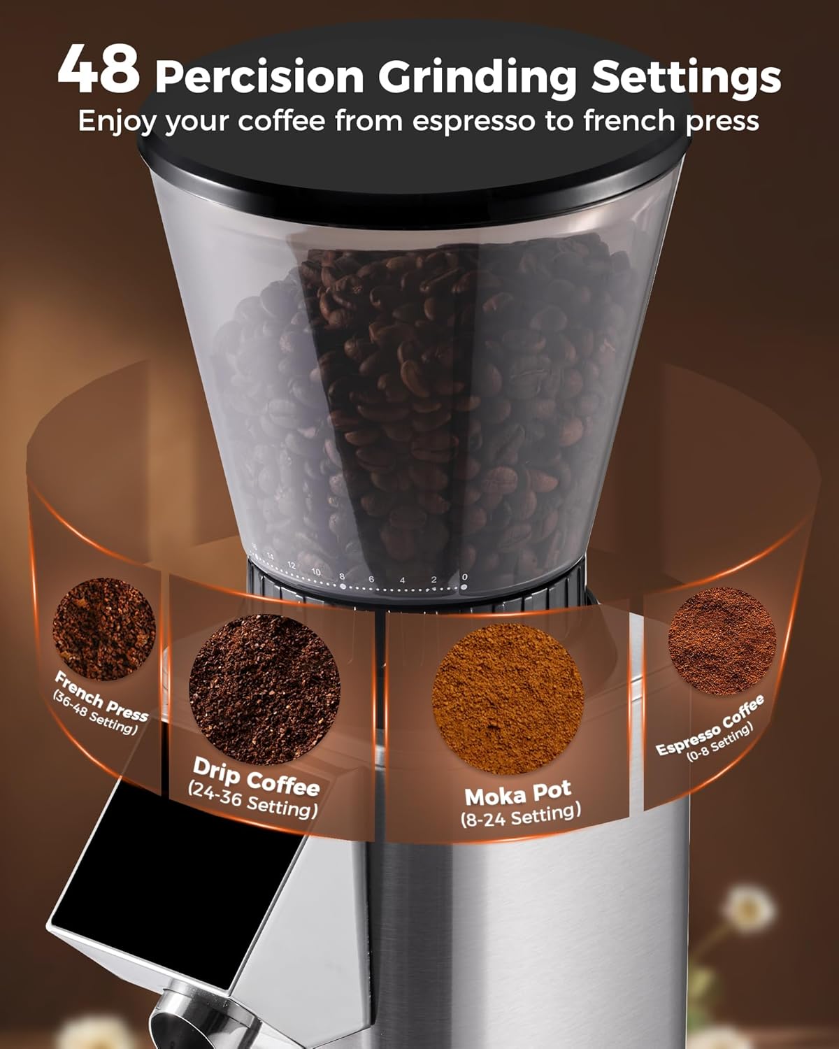 Tuni G1 Conical Burr Coffee Grinder, 48 Grind Settings Anti-static Burr Mill, Precision Electronic Timer and LED Touchscreen for Espresso/Drip/Cold Brew/French Press, Stainless Steel, Silver