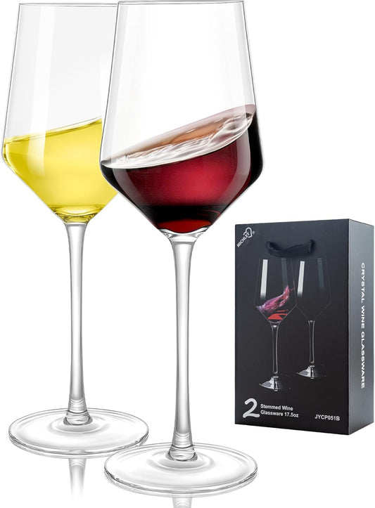 MICHLEY Long Stem Crystal Wine Glasses Set of 2-17.6 oz Lead-Free Crystal Glassware for Red & White Wine,Elegant Drinking Cups for Weddings, Parties, Gifts
