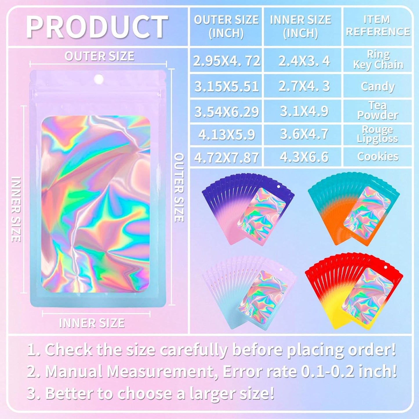 200 Pack Resealable Mylar Holographic Bags Food Storage Smell Proof Bags with Front Window Foil Packaging Pouch for Candy Sample Jewelry Small Business 4.13×5.91 Inch, Blue Fade Orange