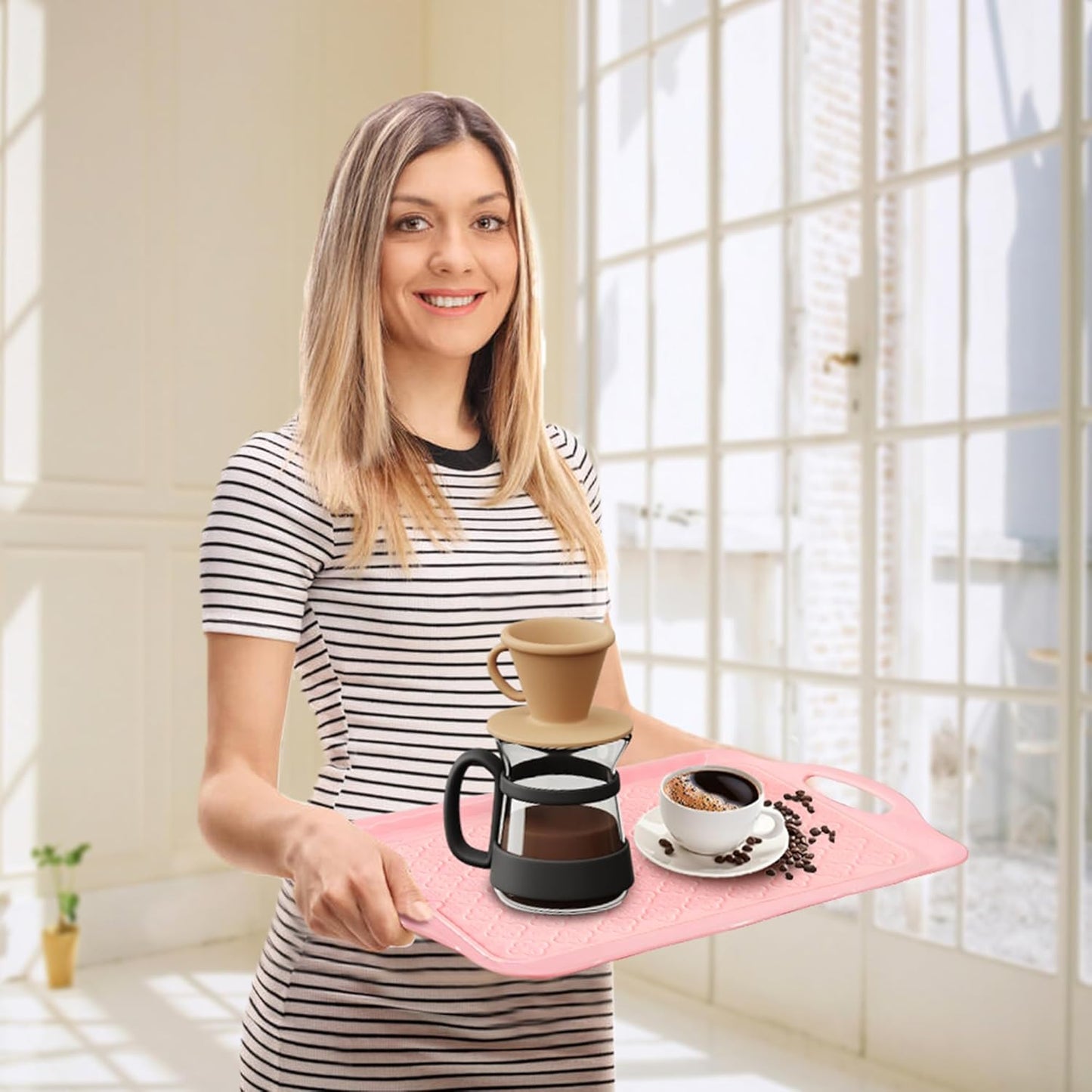 LEHAHA Melamine Serving Tray with Handles, 17.25 x 12 Inch Aesthetic Serving Platters and Trays with Curved Sides, Tray for Lunch, Coffee, or Breakfast, Set of 4, Silicone placemats Included,Pink