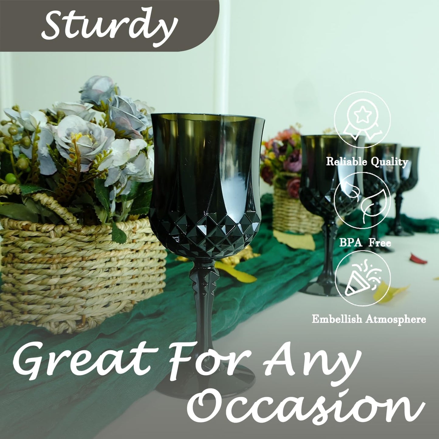 Plastic Wine Glasses，Plastic Goblets Vintage Style Cordial Drinking Glasses for Wedding Reception, Grand Event Party Supplies (12, Black)