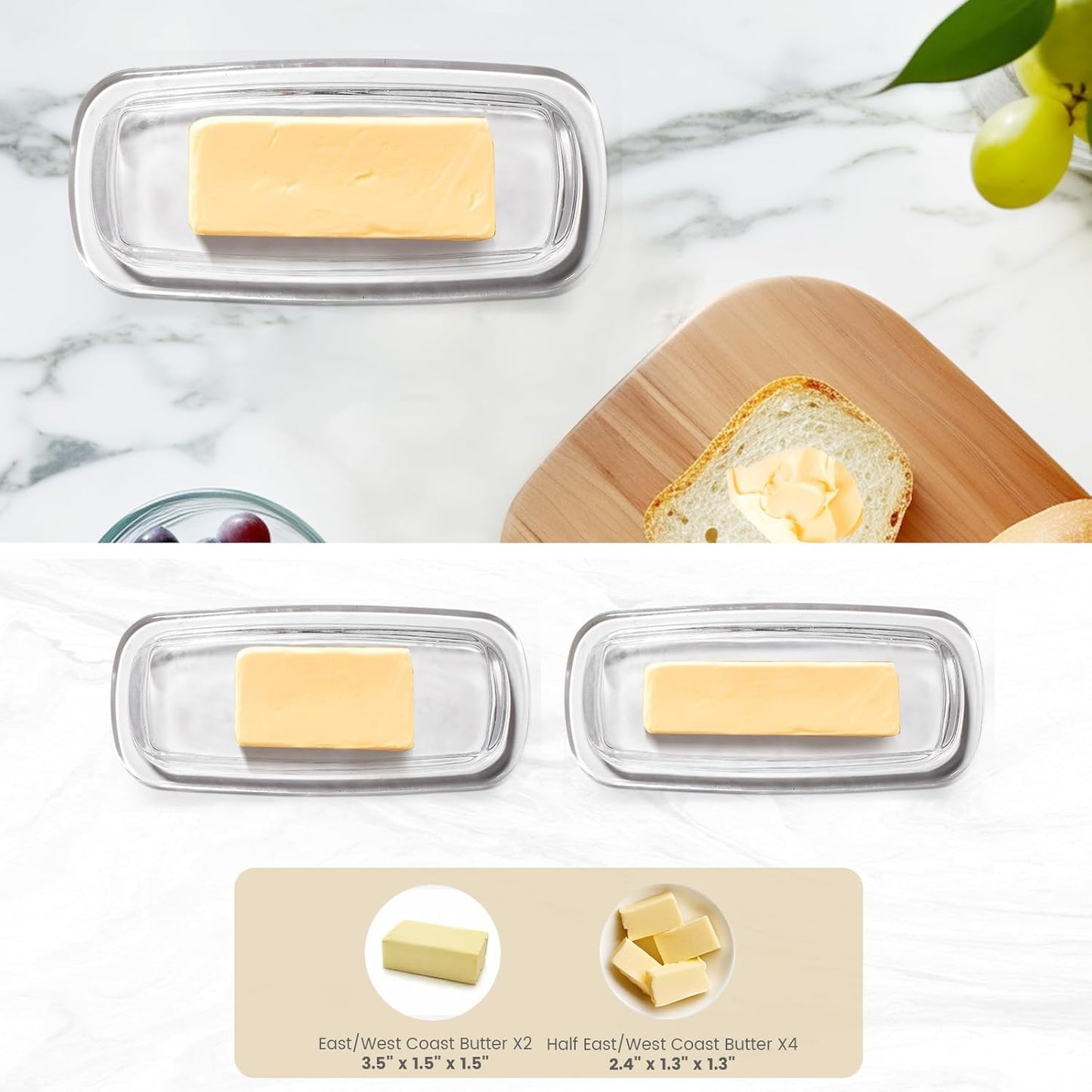 Small and Narrow Glass Butter Dish with Lid for Countertop Clear Crystal Butter Container for Counter Glass Butter Keeper with Cover Butter Tray for Refrigerator,Can hold 1x4oz Butter