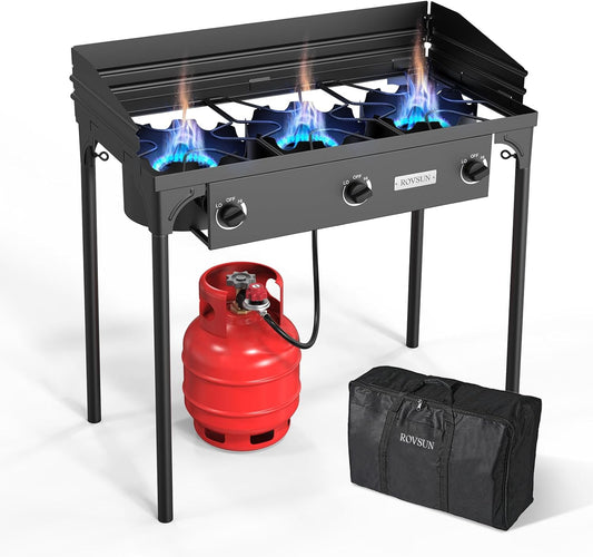 ROVSUN 3 Burner Propane Gas Stove with Carrying Bag, 225,000 BTU Patio Outdoor Camping Burner with Wind Panel & CSA Listed Regulator, Picnic Cooker for Home Patio Cooking Brewing Turkey Frying Canning
