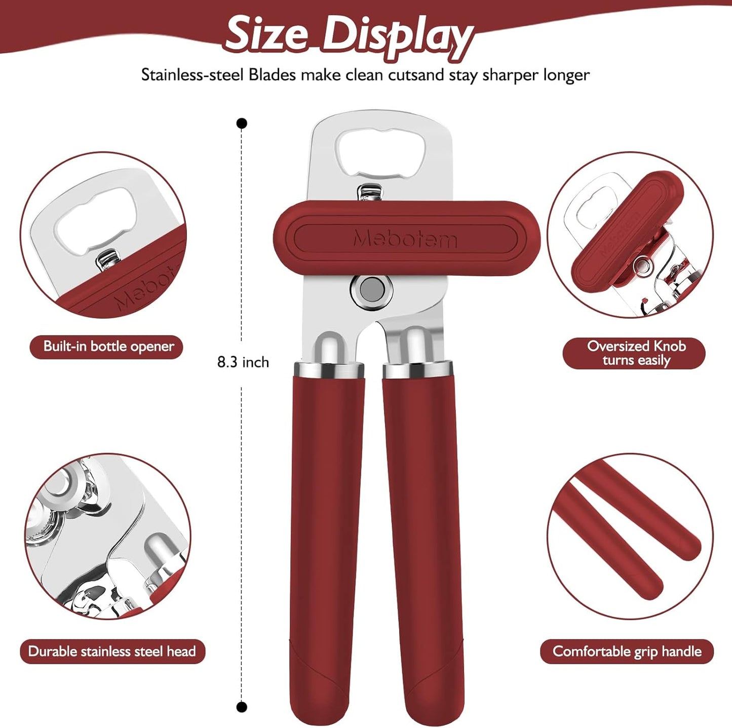 10 Colors Can Opener Manual Handheld Heavy Duty Hand Can Opener Smooth Edge Stainless Steel Can Openers Top Lid Kitchen Gadgets, Best Large Rated Easy Turn Knob, with Bottle Opener, Burgundy