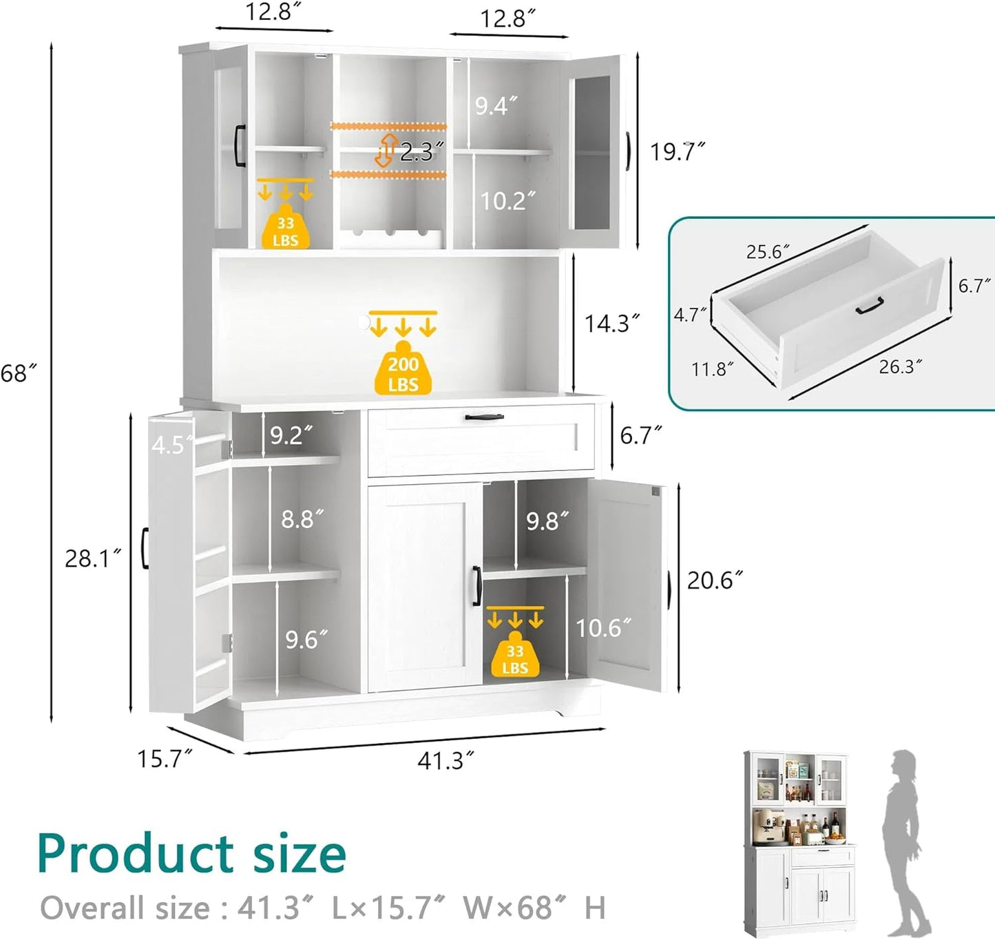 Vongrasig Tall Pantry Cabinet, Kitchen Pantry Storage Cabinet with Microwave Stand,Farmhouse Kitchen Hutch with Adjustable Shelves for Living Room, Dining Room, White