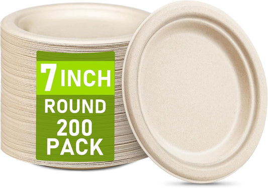 Small 7-Inch Paper Plates Bulk - 200 Count Compostable Eco-Friendly Recycled Mini Dessert Plates, Disposable Bagasse Natural Brown Biodegradable