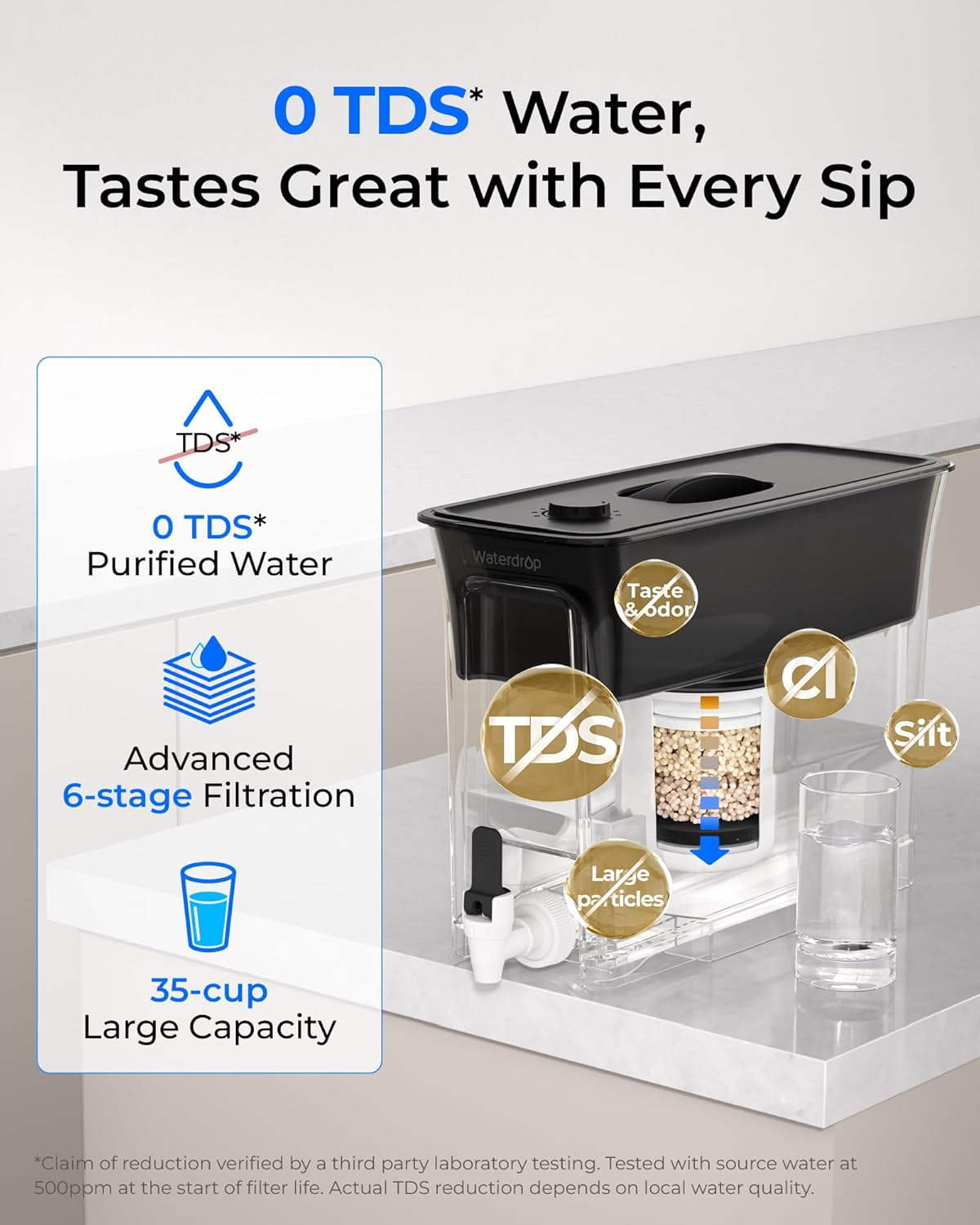Waterdrop 35-Cup 0 TDS Slim Water Filter Dispenser, Large Capacity, Reduces TDS, Chlorine, PFOA/PFOS and More, BPA Free, Black (with 1 Filter)