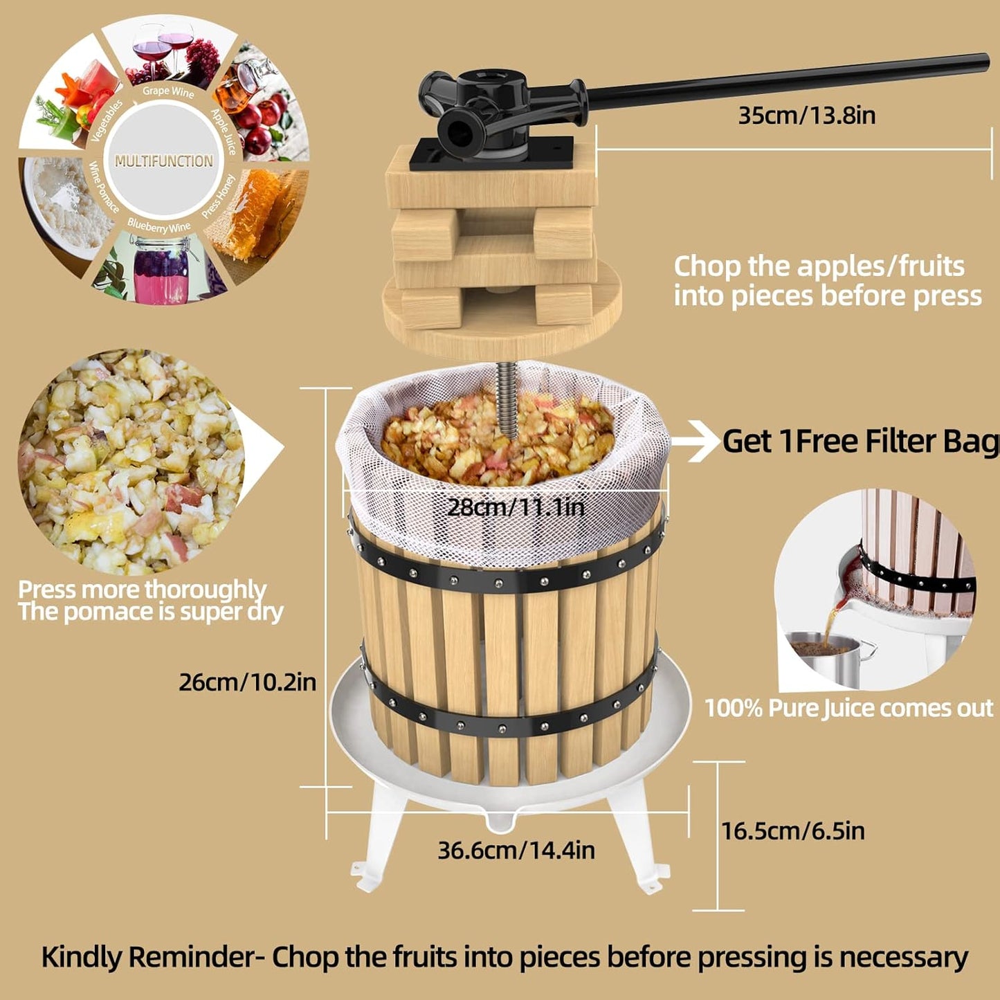 SQUEEZE master Fruit Press-3.17 Gallon/12L-Solid Wood Basket Wine Press-Vintage traditional juicer-6 Press Wooden Blocks-Pole Handle Bar for Juice,Wine,Cider-1 free filter bag included