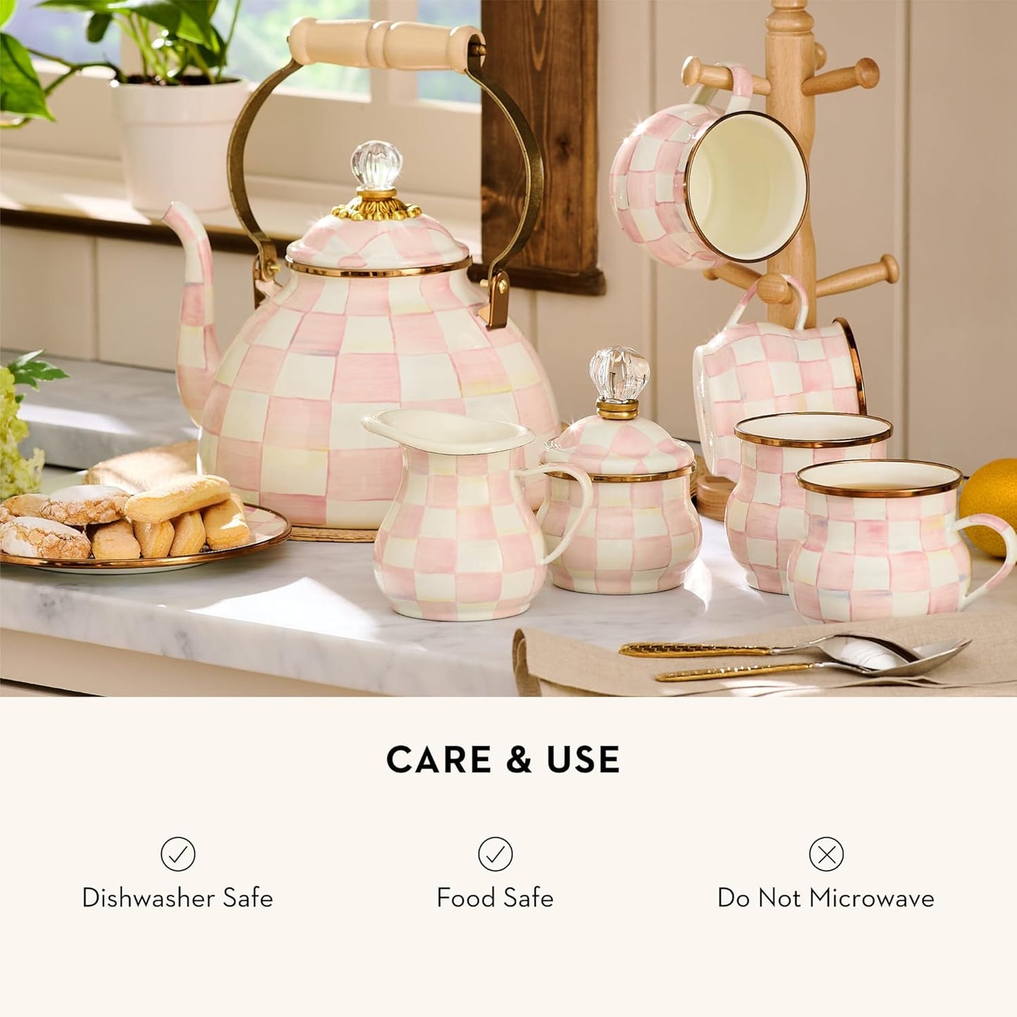 MACKENZIE-CHILDS Enamel Creamer, Creamer Dispenser with Pour Spout, Kitchen Enamelware, Pink-and-White Rosy Check