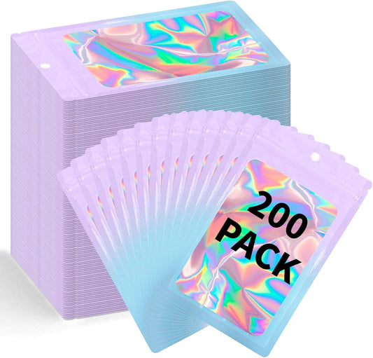 200 Pack Resealable Mylar Holographic Bags Food Storage Smell Proof Bags with Front Window Foil Packaging Pouch for Candy Sample Jewelry Small Business 3.54×6.29 Inch, Pink Fade Blue