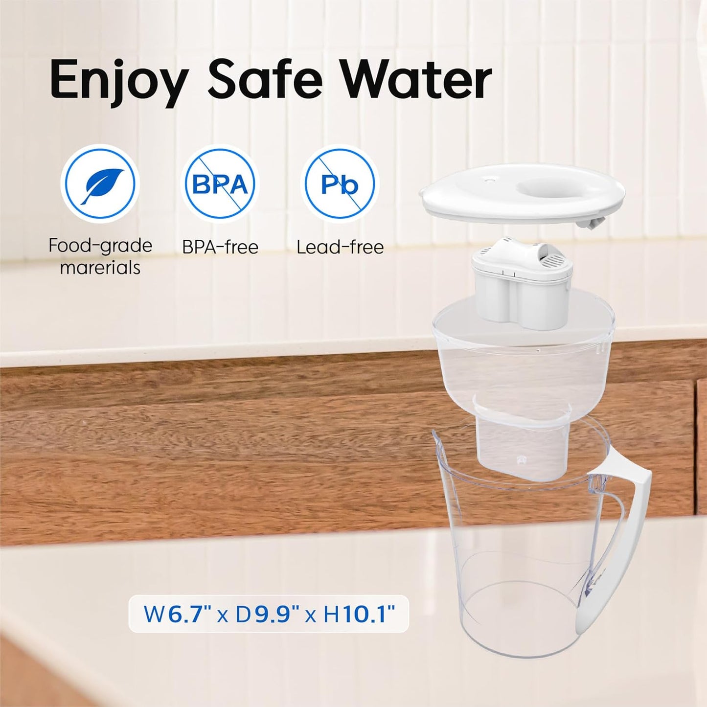 Pureal Water Pitcher PPJ-350, WQA Gold Seal-Certified Water Purifier Reduces Chlorines and Chloroform, Chubby Large-Capacity (10 Cups) with Smart Filter Change Indicator