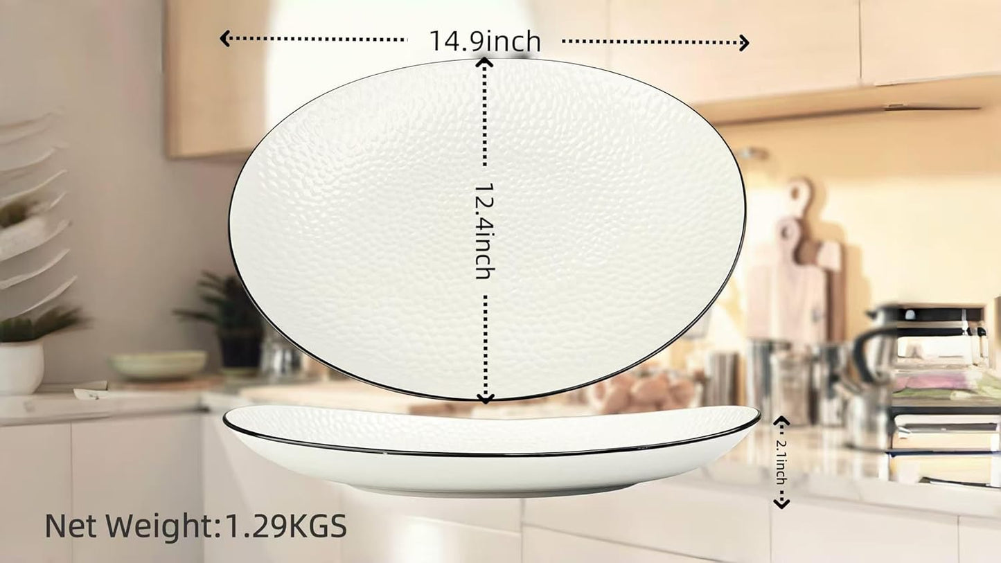 15" Large Serving Platter - Oval Large Serving Tray, Ceramic Serving Dish, White Platters for Serving Food, Appetizers, Entertaining, Party, Set of 2
