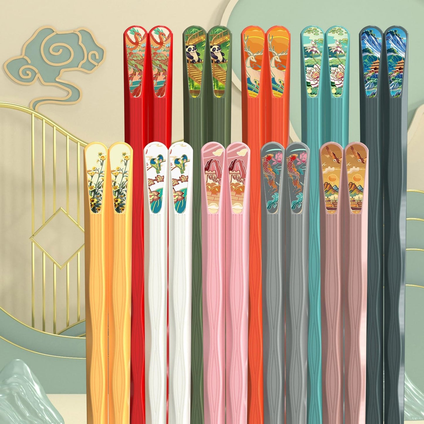 10 Pairs Reusable Chopsticks, 9.5-Inch Dishwasher Safe, Heat-Resistant, Non-Slip, Colorful Chinese Style Chopsticks with Unique Pattern Designs (Wavy)