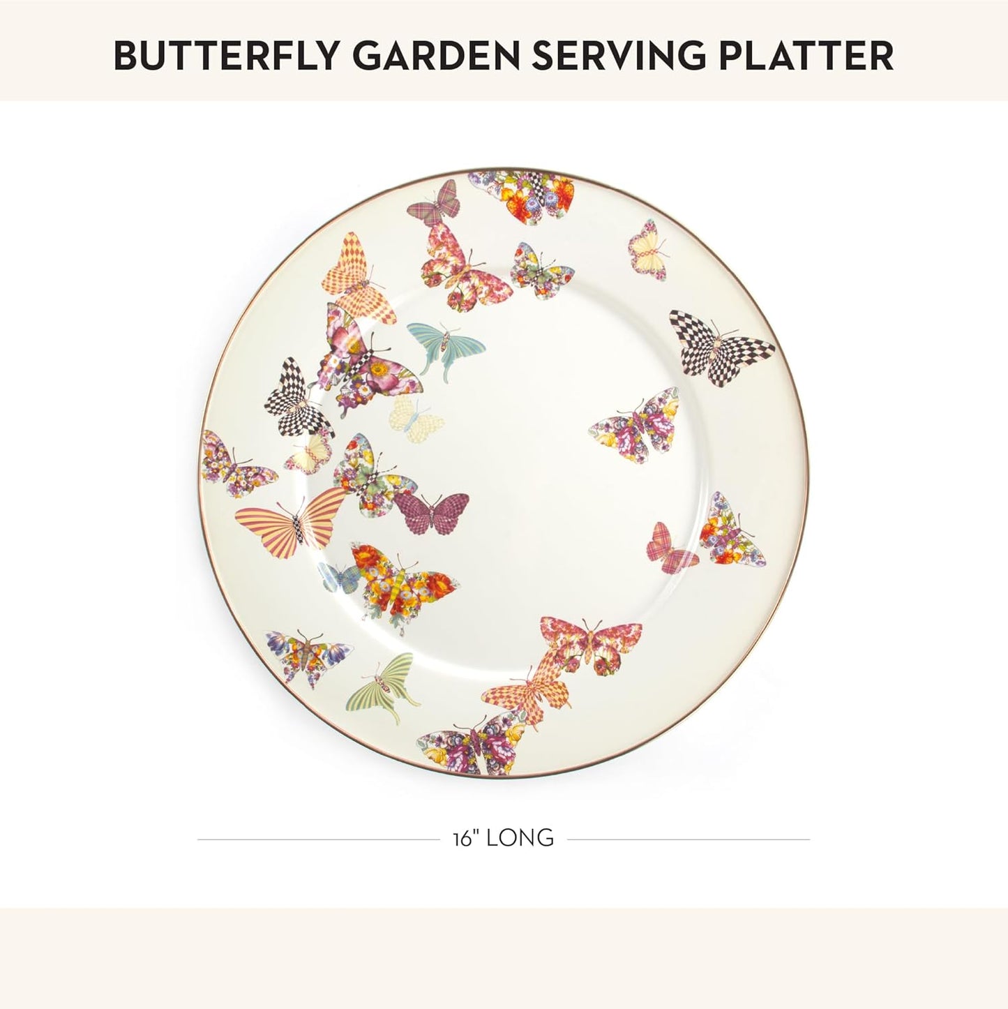 MACKENZIE-CHILDS Enamel Serving Platter, Decorative Serving Platter for Food, 16 Inches, Butterfly Garden
