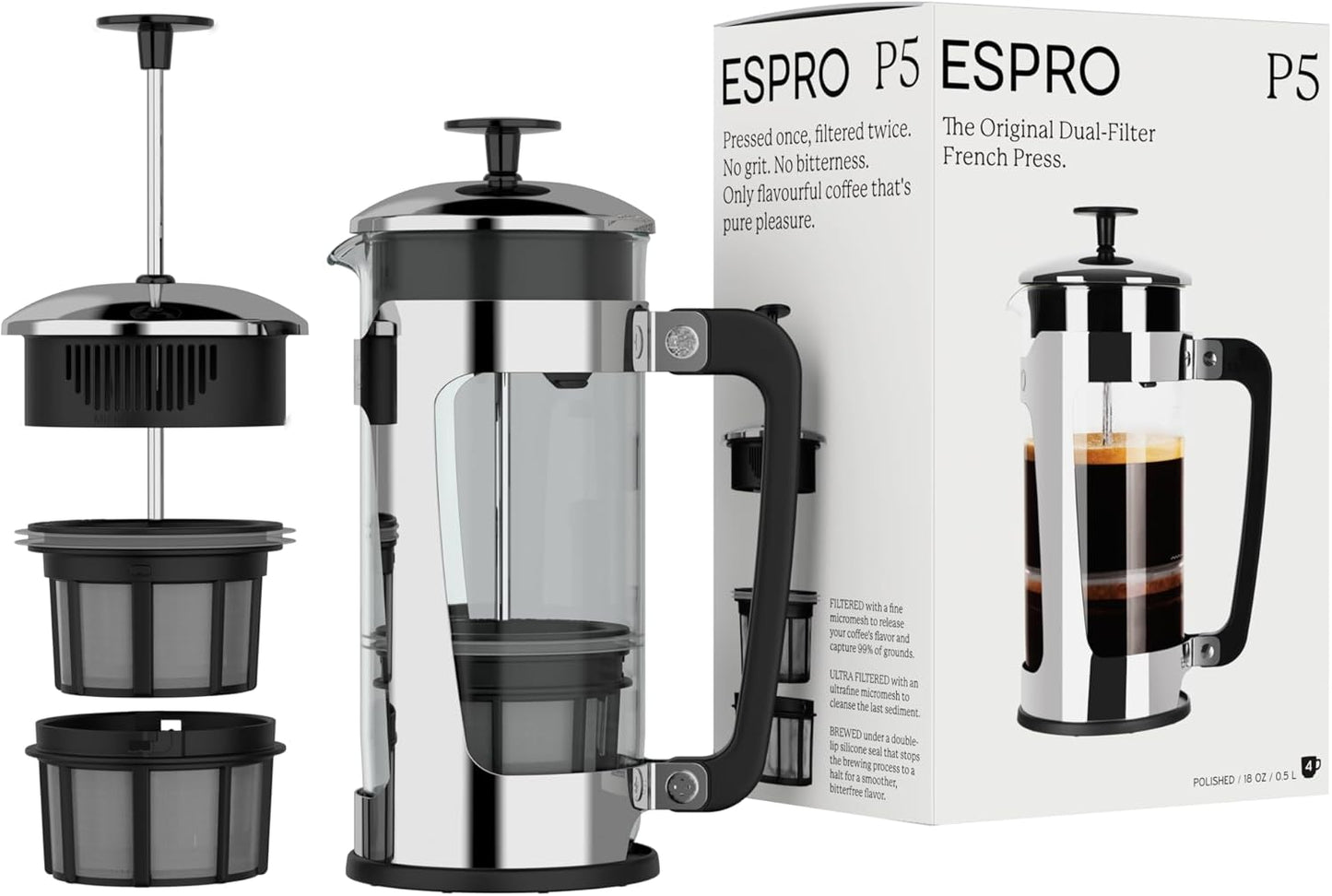ESPRO - P5 French Press Coffee Maker – Patented Double Microfilter for Sludge and Grit Free Coffee – Made in Taiwan, Black, 18 oz