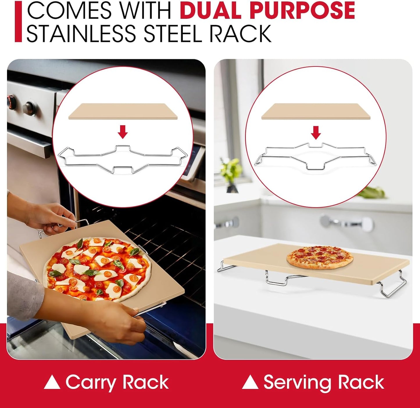 Unicook Pizza Stone for Oven and Grill, 15 x 12 Inch Rectangular Baking Stone for Bread, Cordierite Pizza Pan for Baking Crispy Bread, Pie and Cookies, Includes Carry Rack and Dough Scraper
