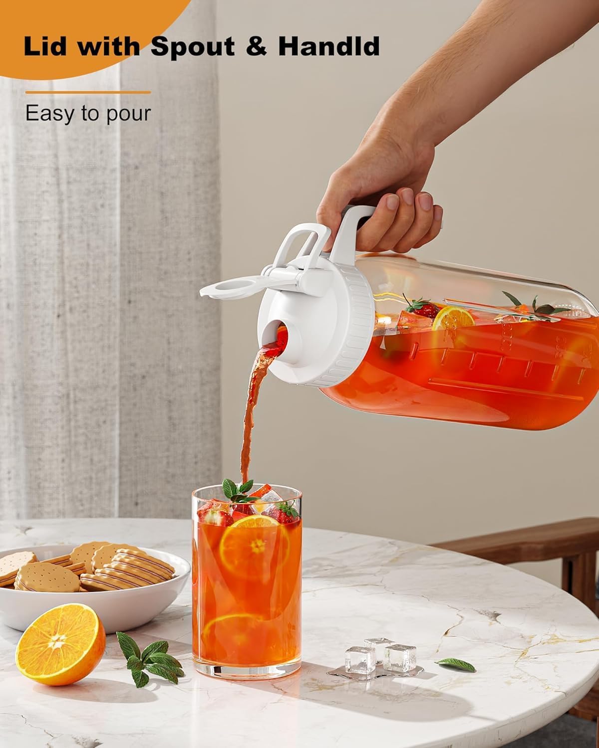 64oz Glass Pitcher, 2 Quart Mason Jar Pitcher with Lid and Spout | Wide Mouth | Airtight | Leakproof | Glass Water Jug for Juice, Sun Iced Tea, Cold Brew Coffee, Milk Storage, White