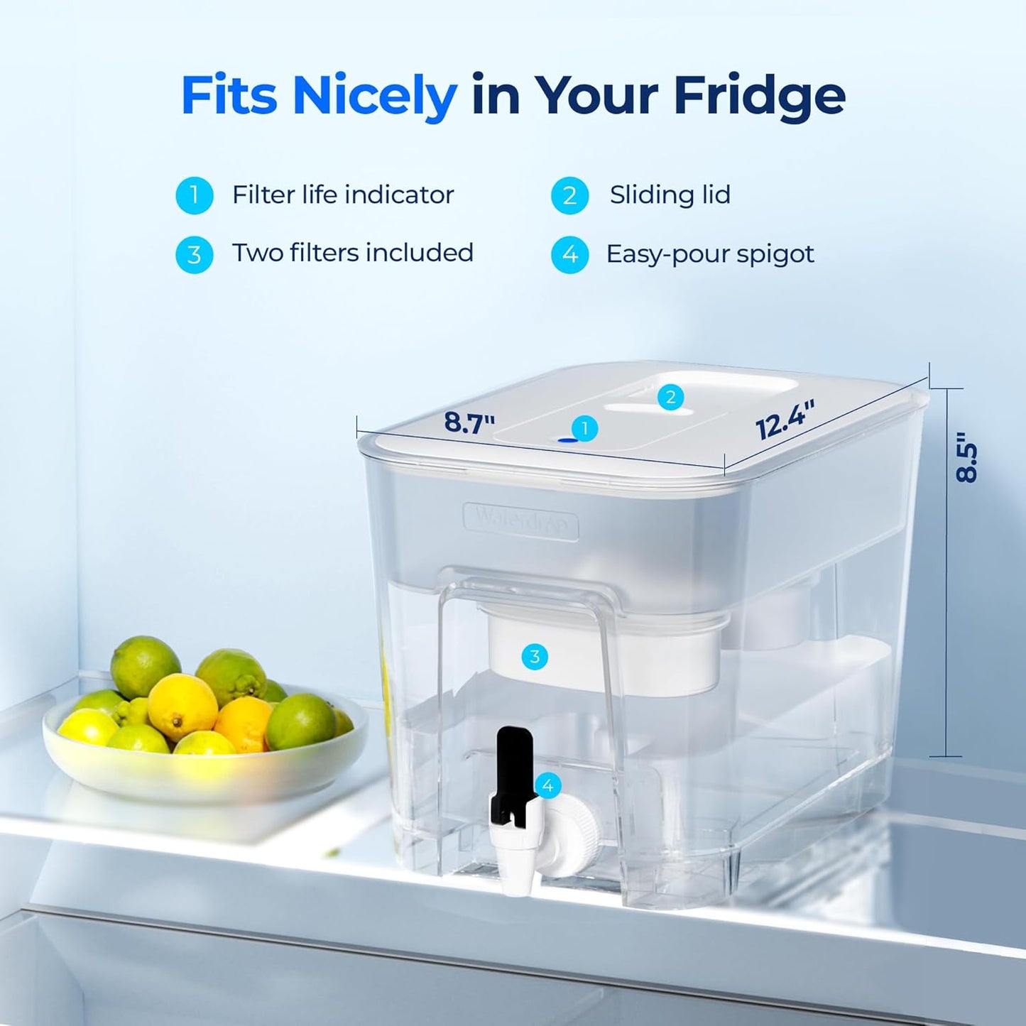 Waterdrop 40 Cup Dual Filter Dispenser, 8X Faster Filtration, 400-Gallon Lifespan, Water Filter Dispenser for Home/Office, 2 Replacements, 10X Longer Lifetime, Reduces Chlorine, PFOA/PFOS，White