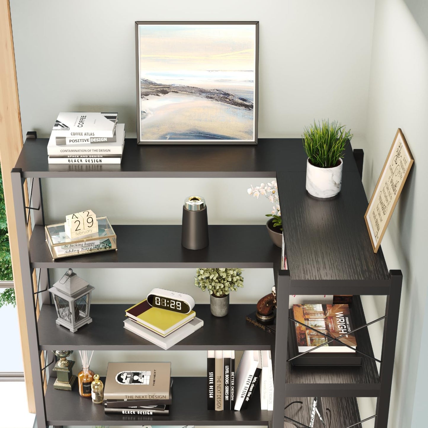 6-Shelf Corner Bookshelf, Vintage Industrial Corner Shelf Etagere Bookcase, Large Book Shelf with Metal Frame Open Storage Corner Cabinet (Black-Lockers)