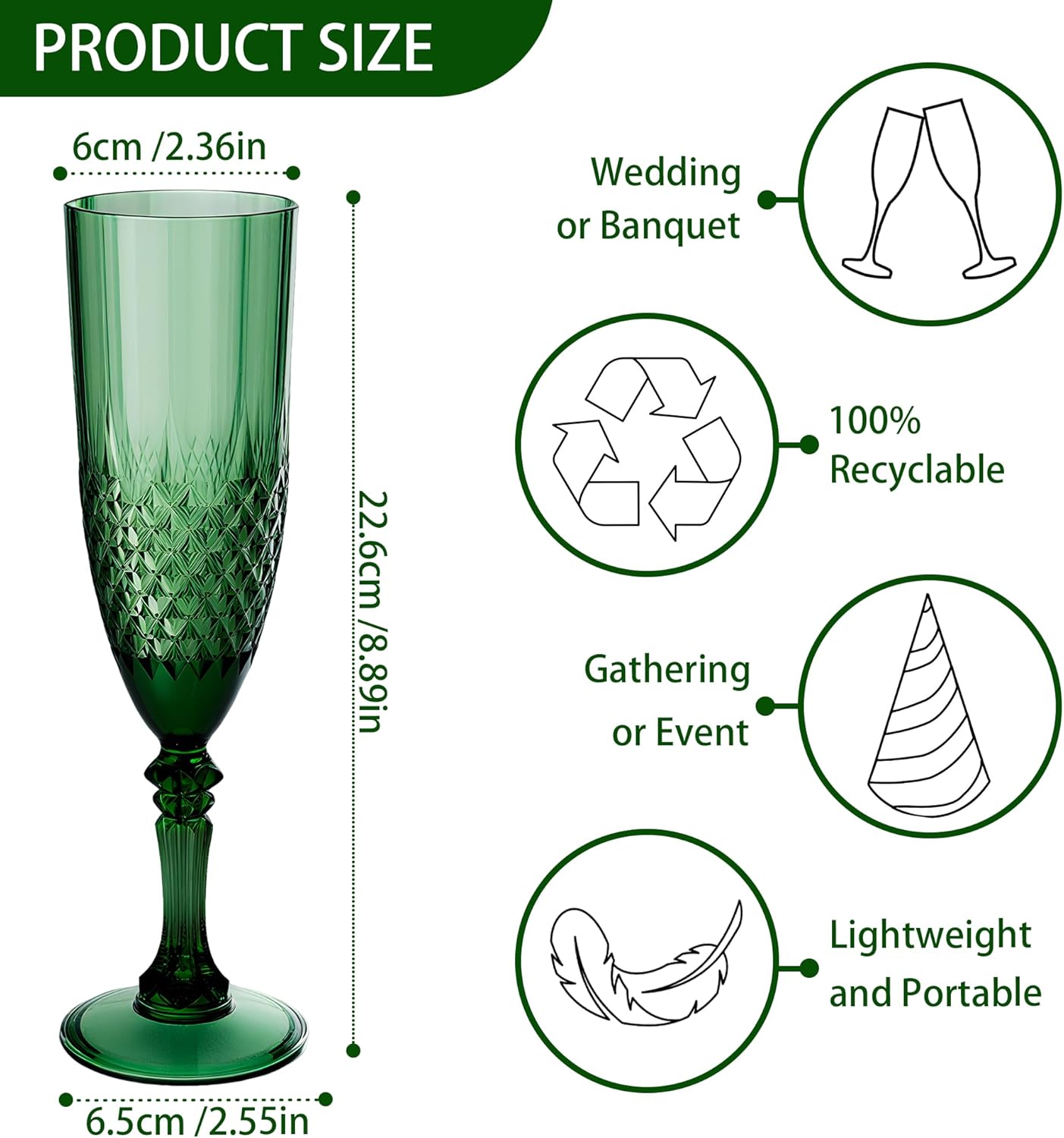 Plastic Champagne Flutes, 48PCS Dark Green Plastic Wine Glasses Goblets Reusable Champagne Flute for Christmas, Weddings, Bachelor Parties, Toasting, and Events(48, Dark Green)