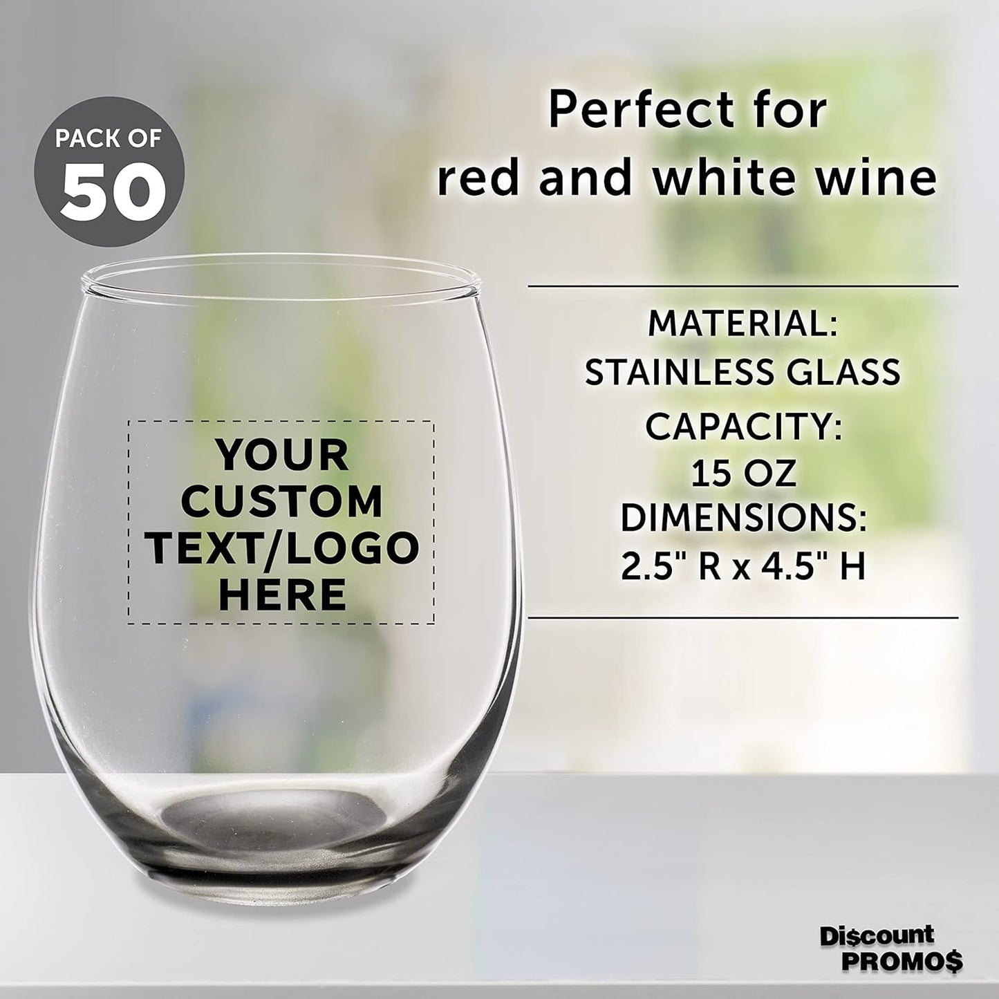 Custom Stemless Wine Glasses in Bulk by ARC Perfection, 15 oz, 50 pack, Personalized Text, Logo, Red or White Wine Glass Set, Black