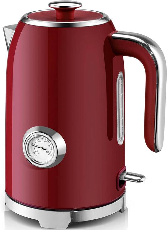 SUSTEAS Electric Kettle - 57oz Hot Tea Water Boiler with Thermometer, 1500W Fast Heating Stainless Steel Pot, Cordless LED Indicator, Auto Shut-Off & Boil Dry Protection, Red
