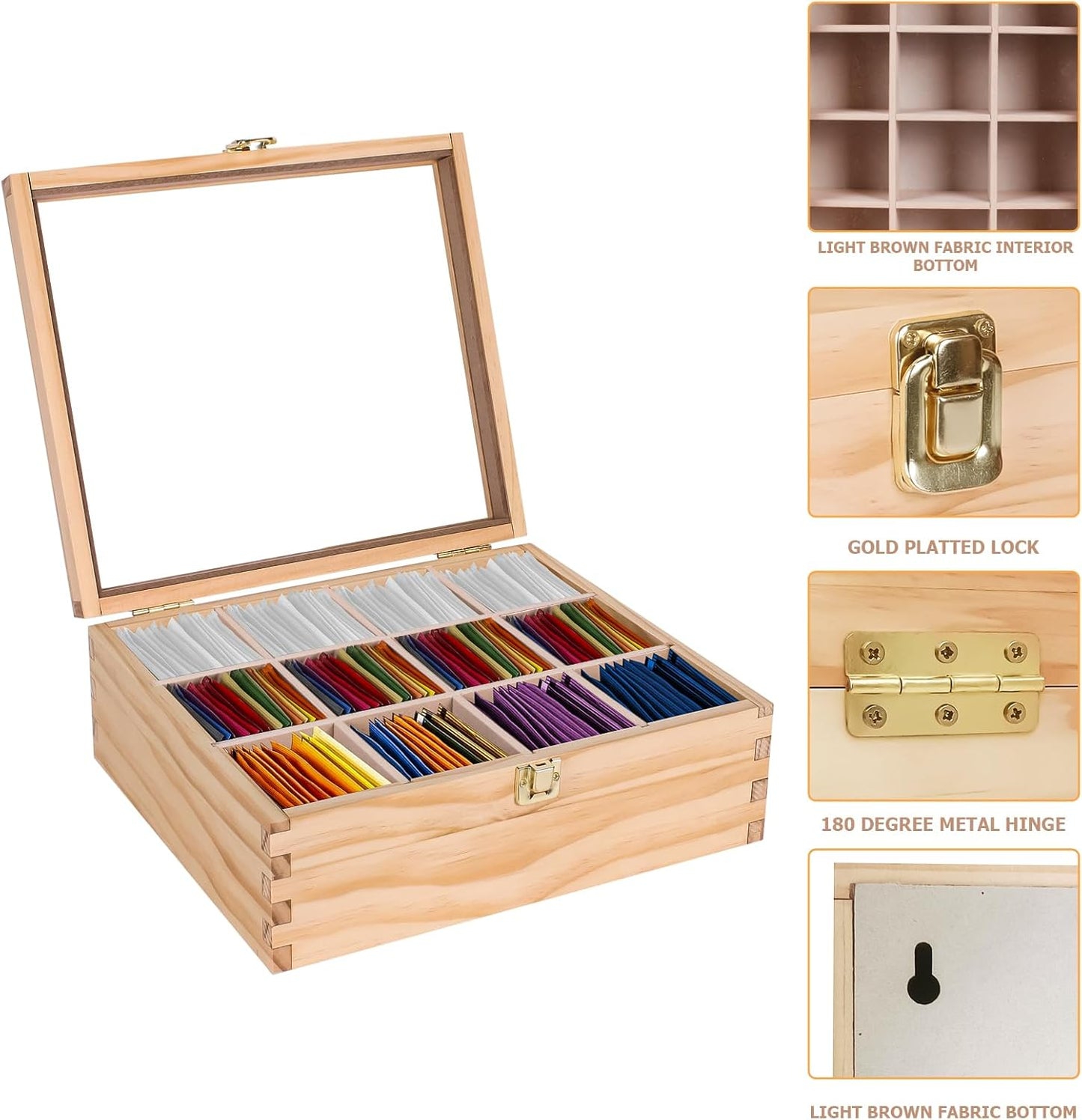 LI.TOPWP Pine Wood Tea Bag Organizer, 12 Compartments Tea Storage Box with Clear Acrylic Window, Multi-Functional Tea Bag Holder for Countertop, Kitchen Cabinet.