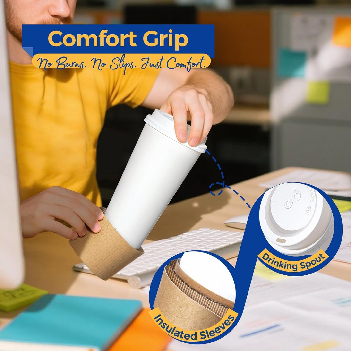 Fit Meal Prep 50 Pack 24 oz Disposable Coffee Cups with Lids, Sleeves, Leak-Proof To Go Coffee Cups with Lids, Durable Hot Paper Cups for Home, Office, Party, Business