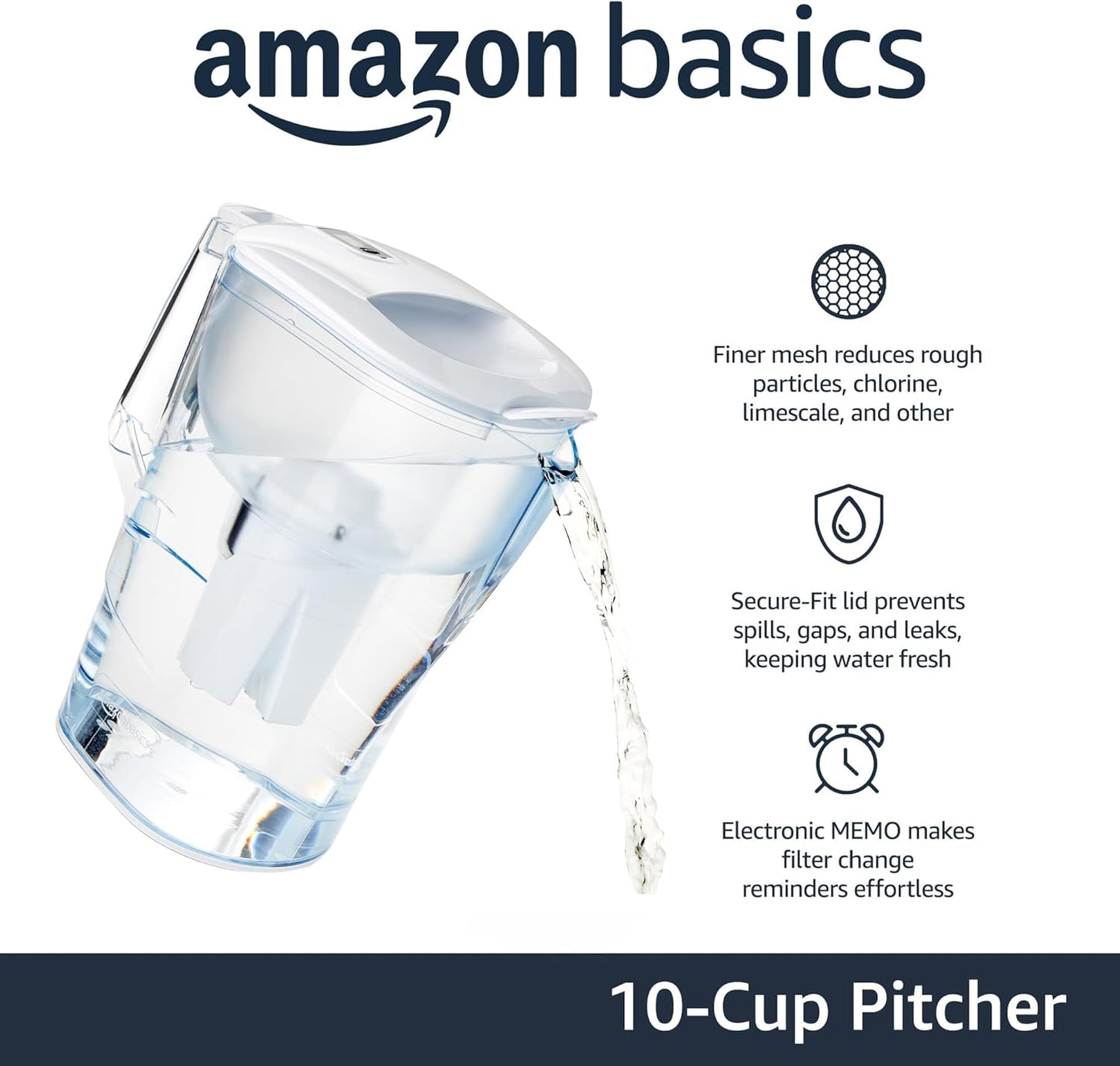 Amazon Basics 10-Cup Pitcher with Filter Compatible with Brita Water Filter Pitcher for Clean, Crisp Water, WQA and NSF Certified, Made in Europe