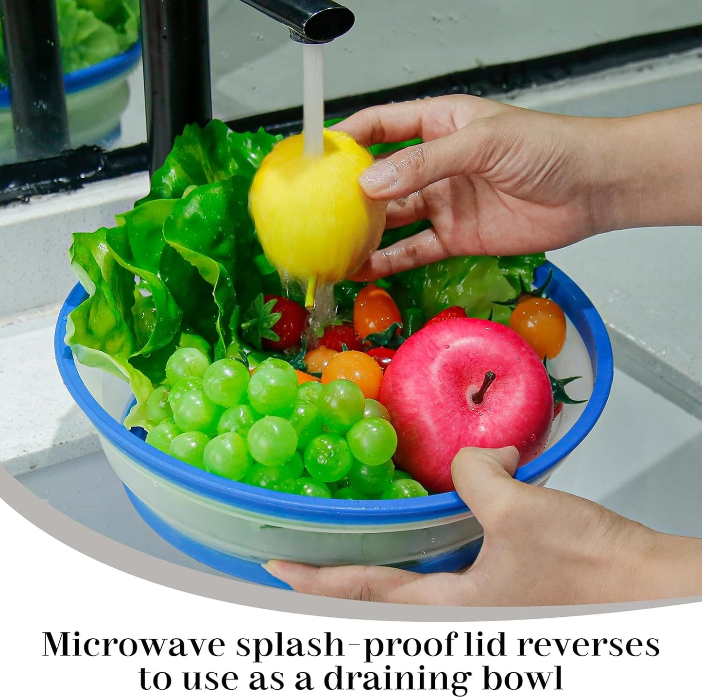 10.7 Inch Microwave Food Cover with Heat Insulation Mat, Anti-Scald Collapsible Microwave Splatter Cover, Multi-Functional as Colander & Fruit Plate, Dishwasher Safe, Ideal for Meal Prep (Dark Blue)