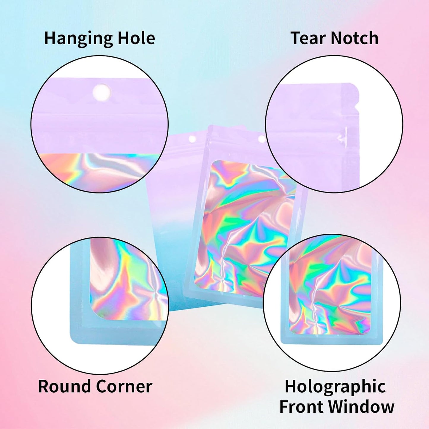 200 Pack Resealable Mylar Holographic Bags Food Storage Smell Proof Bags with Front Window Foil Packaging Pouch for Candy Sample Jewelry Small Business 3.15×5.51 Inch, Pink Fade Blue