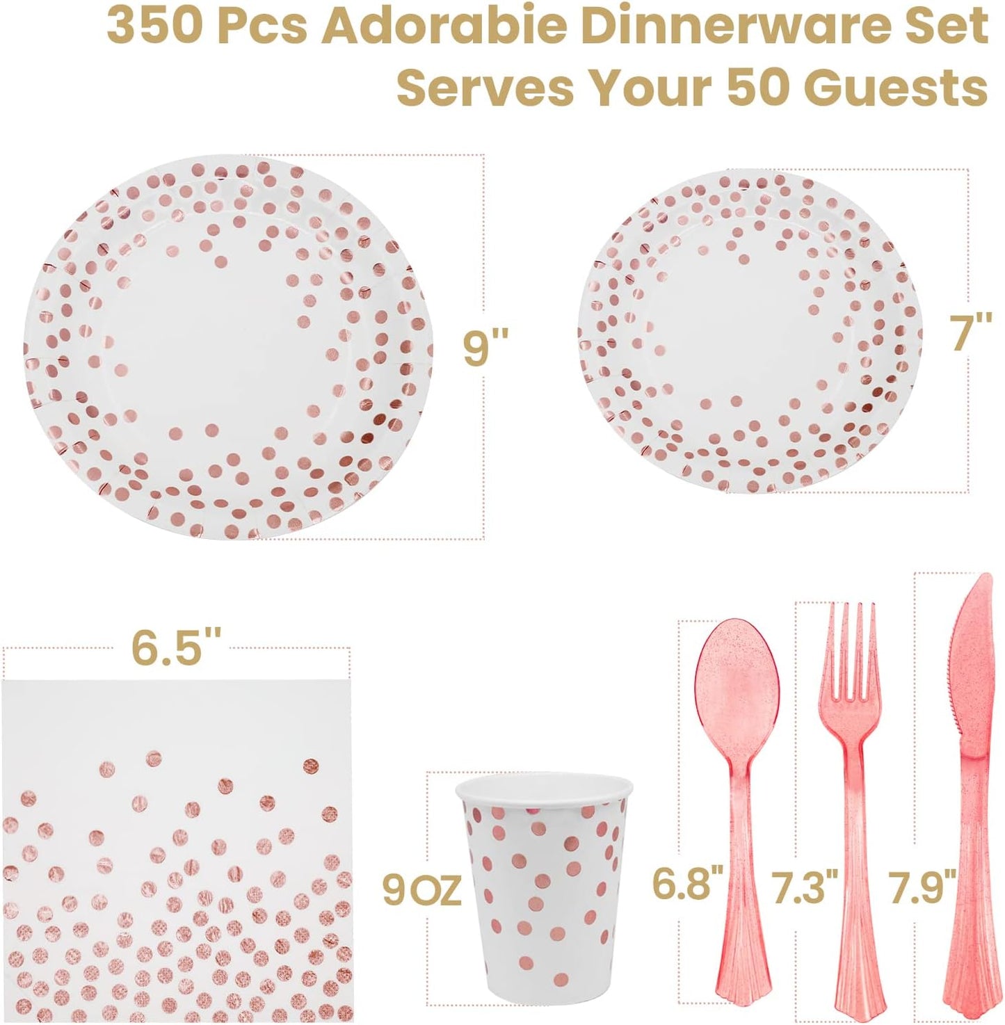 AIRE 350PCS White Rose Gold Paper Plates Party Supplies for 50 Guests Dinnerware Sets Disposable Party Decorations Paper Plates Napkins Cups Plastic Forks Knives Spoons For Birthday Wedding, Parties